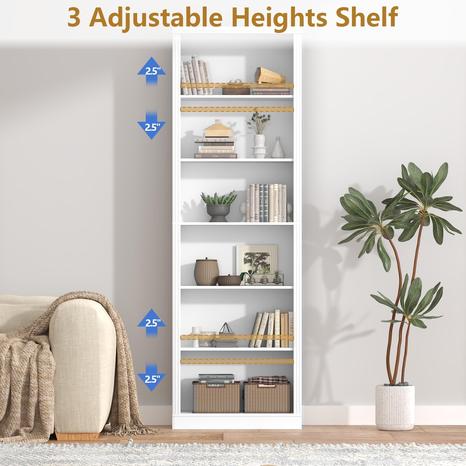 Thacuok White Bookshelf, 75" Tall Bookcase, 6 Tier Adjustable Storage Shelves, Book Shelf with Anti-Tipping Device, Floor Standing Modern Display Rack for Living Room, Bedroom, Office