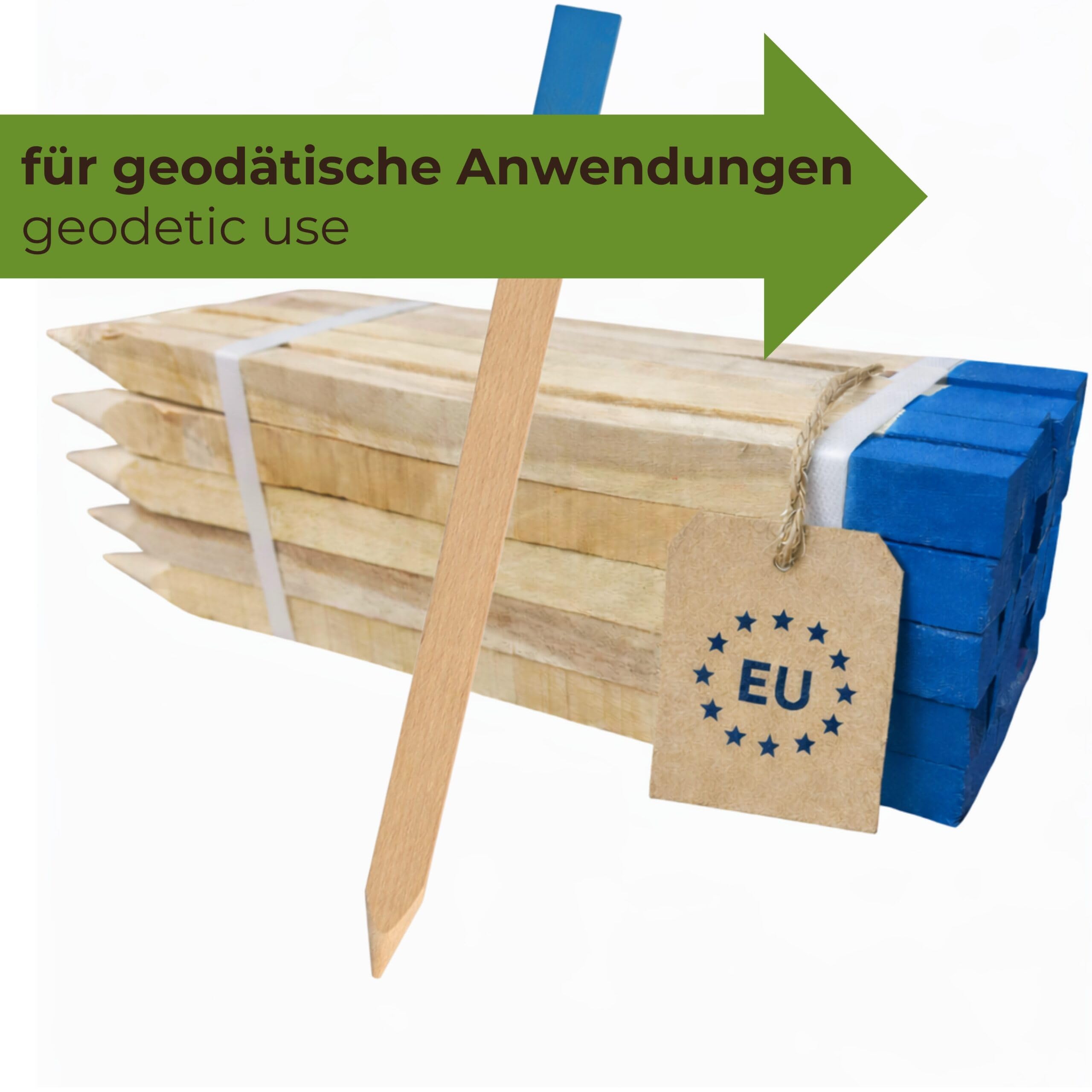 100 Holzpflöcke Buche 40 cm 25x25 mm mit Blauer Spitze