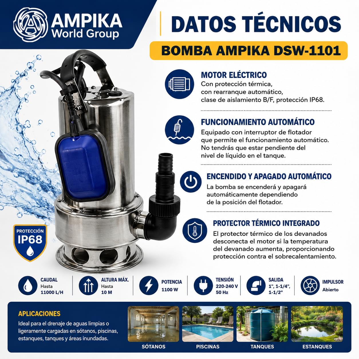 Ampika DSW-1101 Bomba Sumergible Aguas Residuales y Fecales 1100W | Acero Inoxidable, Sólidos hasta 35 mm, 240 l/min, Altura 11 m, Interruptor de Flotador, Cable 10 m