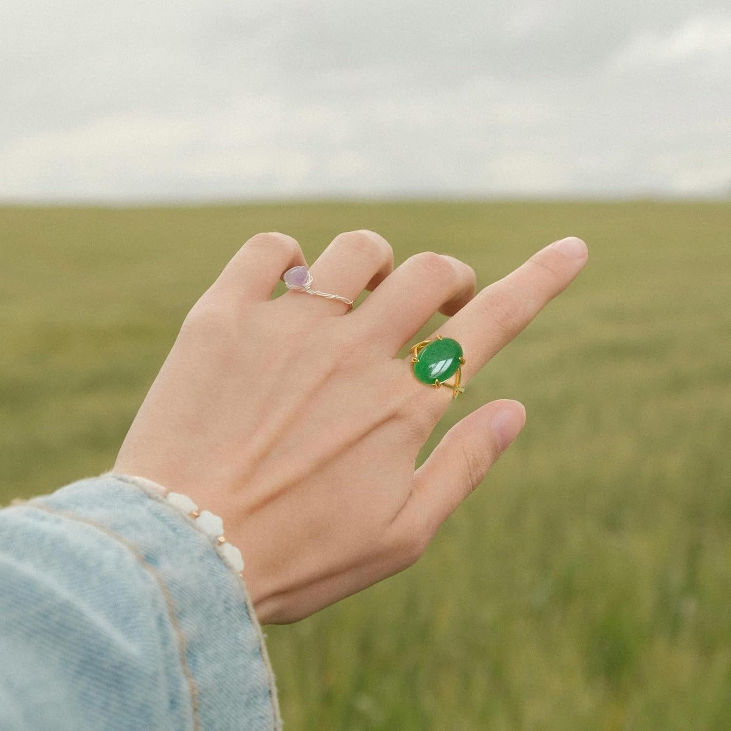 Green Jade Ring, Dainty Natural Gemstone Jade Rings for Women, Adjustable Gold-Plated Oval Green Stone Ring Jade Jewelry - Image 3