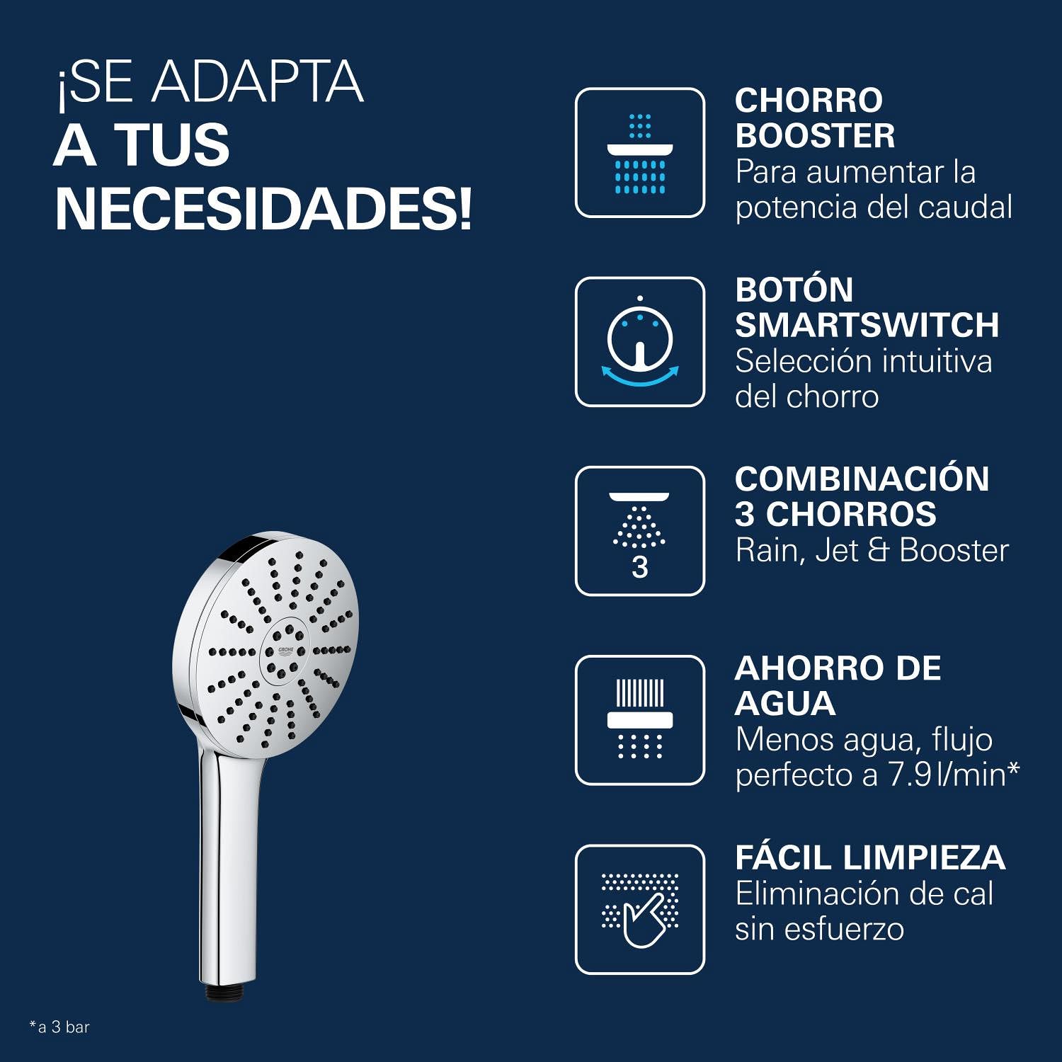 Alcachofa de Ducha GROHE Vitalio Joy+ 120, 3 chorros: Lluvia, Jet, Booster (Ø120mm, ahorro 7,9 l/min, antiquemaduras, montaje universal), Cromo, 1348640000