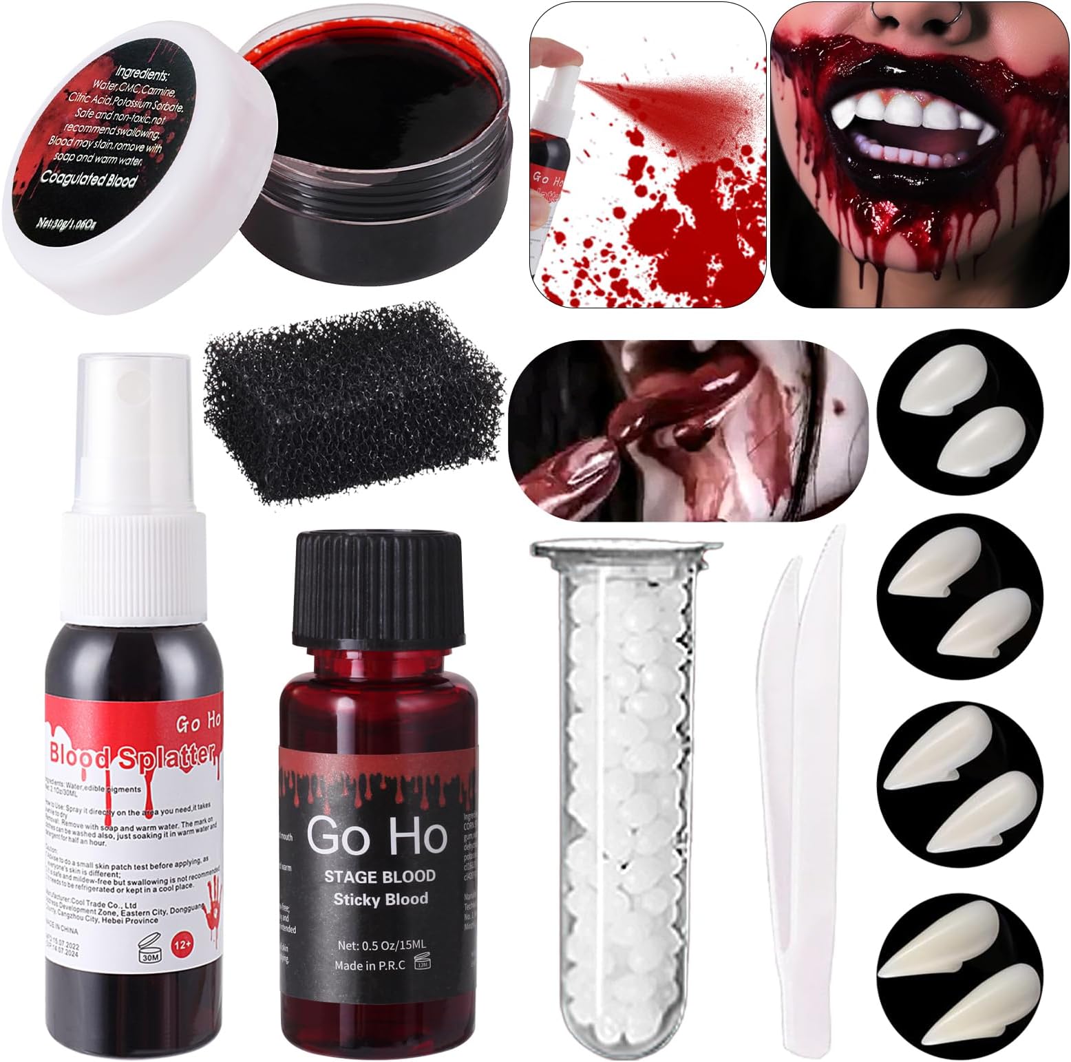 Vampire Blood and Fangs Makeup Kit,4 Pairs Vampire Fangs Costume 4 Size Fake Teeth,1 Fake Blood Spray,1 Stage Blood,1 Coagulated Blood Gel and 1 Sponges for Halloween Vampire Cosplay Makeup
