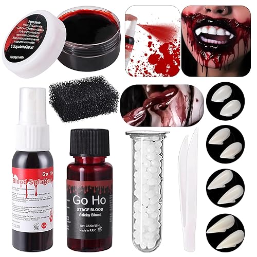 Go Ho Vampire Blood and Fangs Makeup Kit,4 Pairs Vampire Fangs Costume 4 Size Fake Teeth,1 Fake Blood Spray,1 Stage Blood,1 Coagulated Blood Gel and