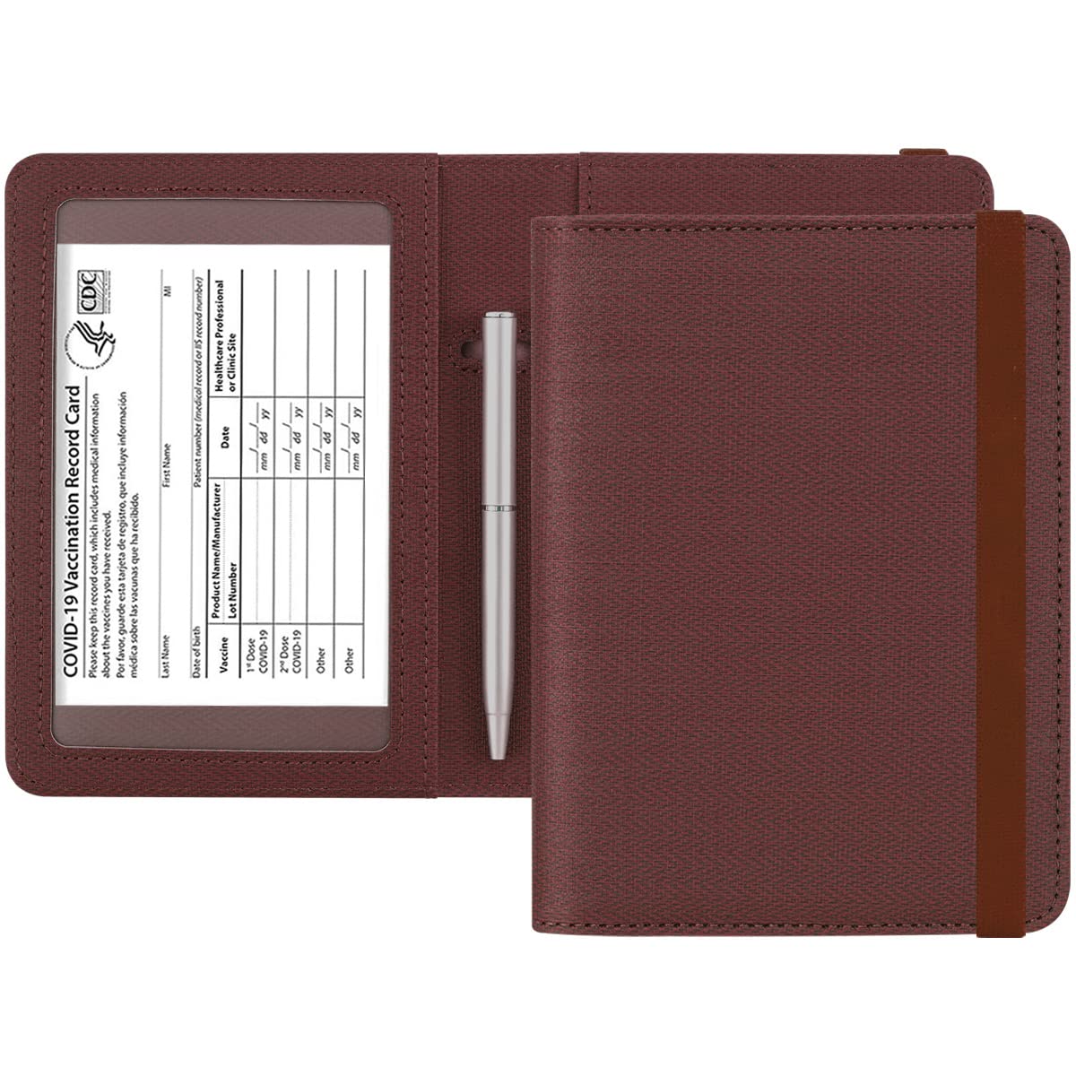 Passport and Vaccine Card Holder Combo - HOTCOOL Leather RFID Blocking Wallet with Elastic Strap Travel Cover Case for Passport, with USA CDC Vaccination Card Slot, with Pen, Denim Brown