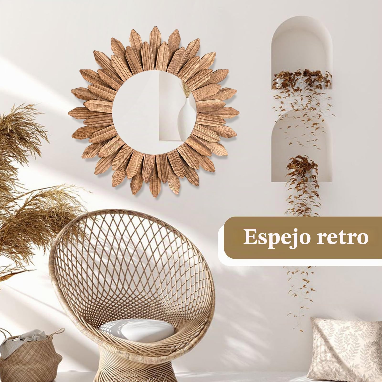 Espejo de pared pequeño redondo Ø50 cm con marco de madera flotante, espejo con marco de madera rústico en marrón natural para estilo campestre/costero/bohemio, para baño, sala de estar