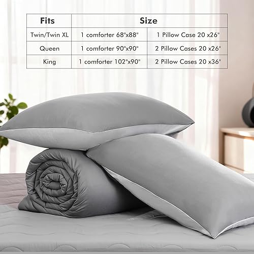 Miniatura 7 de Elegear Juego de edredón tamaño Queen gris, 3 piezas, ultra suave, cálido, reversible, PCM que regula la temperatura, edredón alternativo ligero