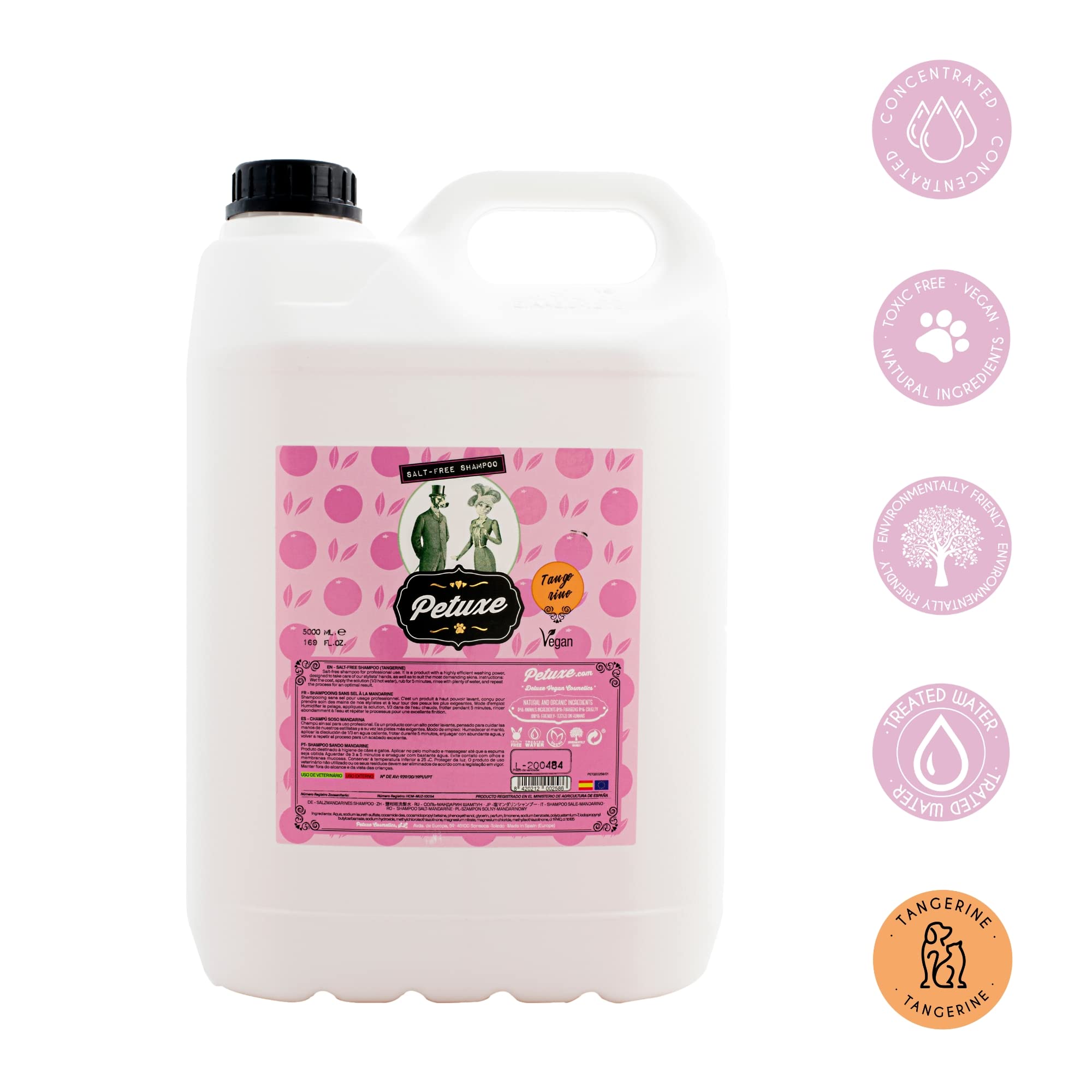 Petuxe Champú Vegano para Mascotas sin Sal Mandarina. para Manos irritadas. Perros y Gatos.Todas Las Razas. Uso Profesional Peluquero canino - 5000 ml