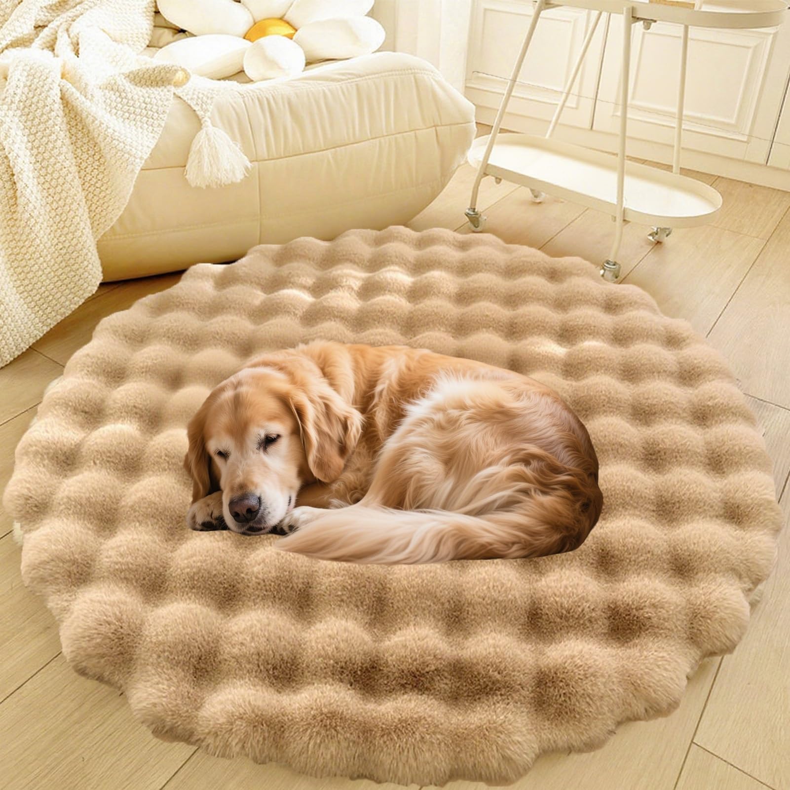 Divano per Cani E Gatti Con Fondo Antiscivolo, Tappeto Rotondo Lavabile, Moderno Letto A Pelo Lungo Da Posizionare Accanto Al Pavimento, Tappetino per Soggiorno(Brown,43in)