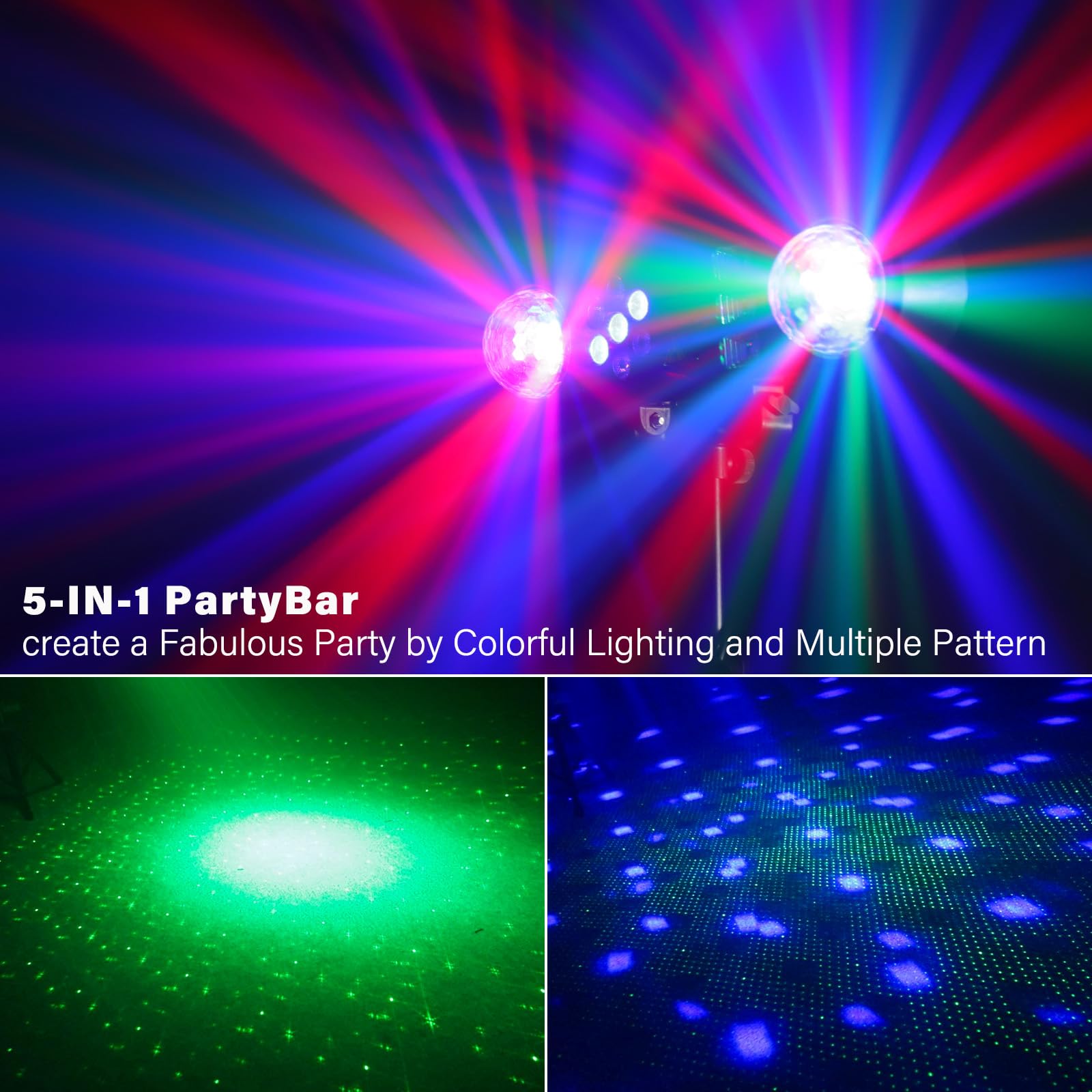 Telbum Luces de DJ con soporte, juego de luces de bar 5 en 1 con bola giratoria/estroboscópico/UV/LED colorido par y efecto de patrón, sistema de iluminación de DJ activado por sonido para discoteca