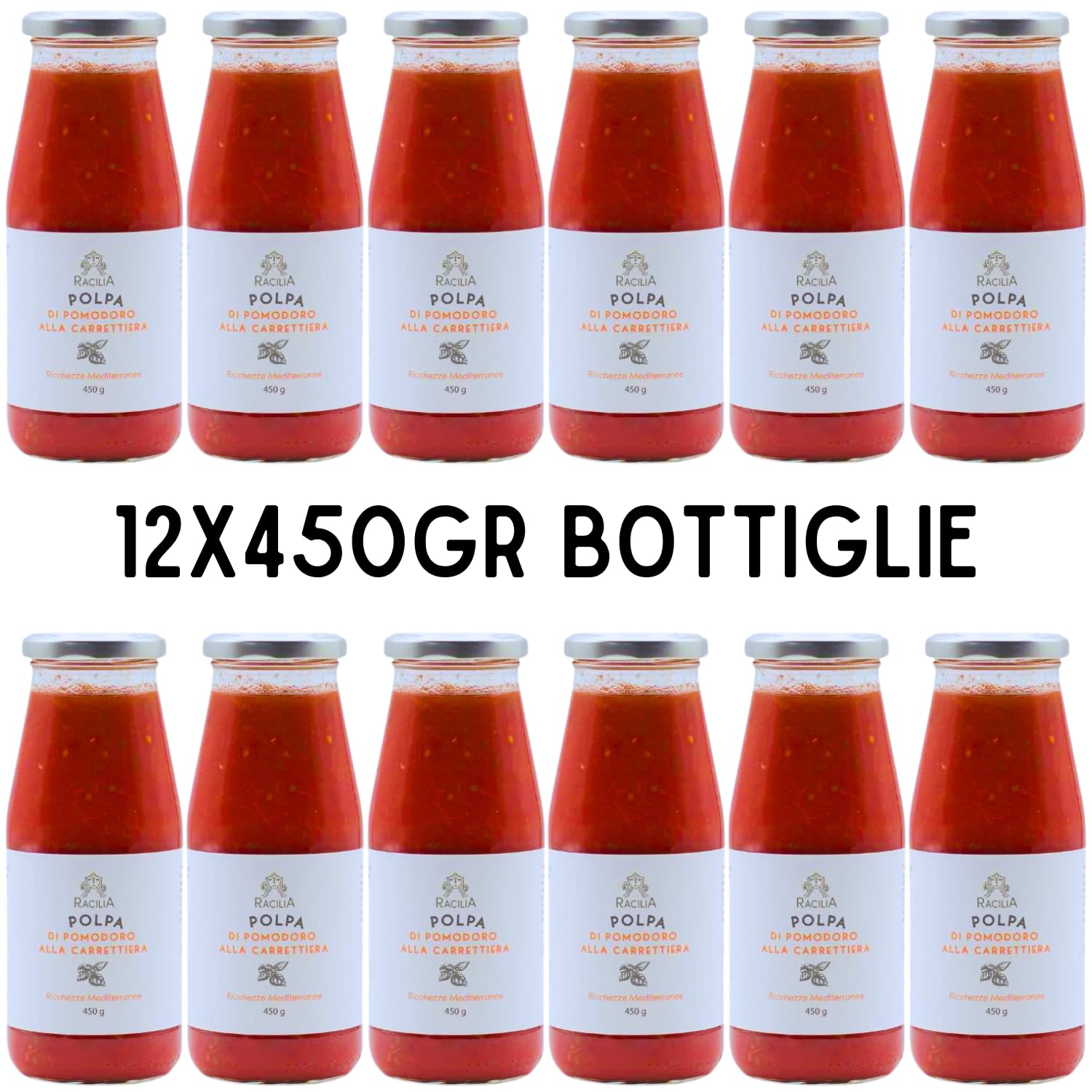 RACILIA 6x450gr Polpa di Pomodoro alla Carrettiera con Siciliano Siccagno, Basilico, Aglio, Zucchero da Barbabietola Italiana - Vegano, Senza Ogm | Pomodori Tradizione Siciliana