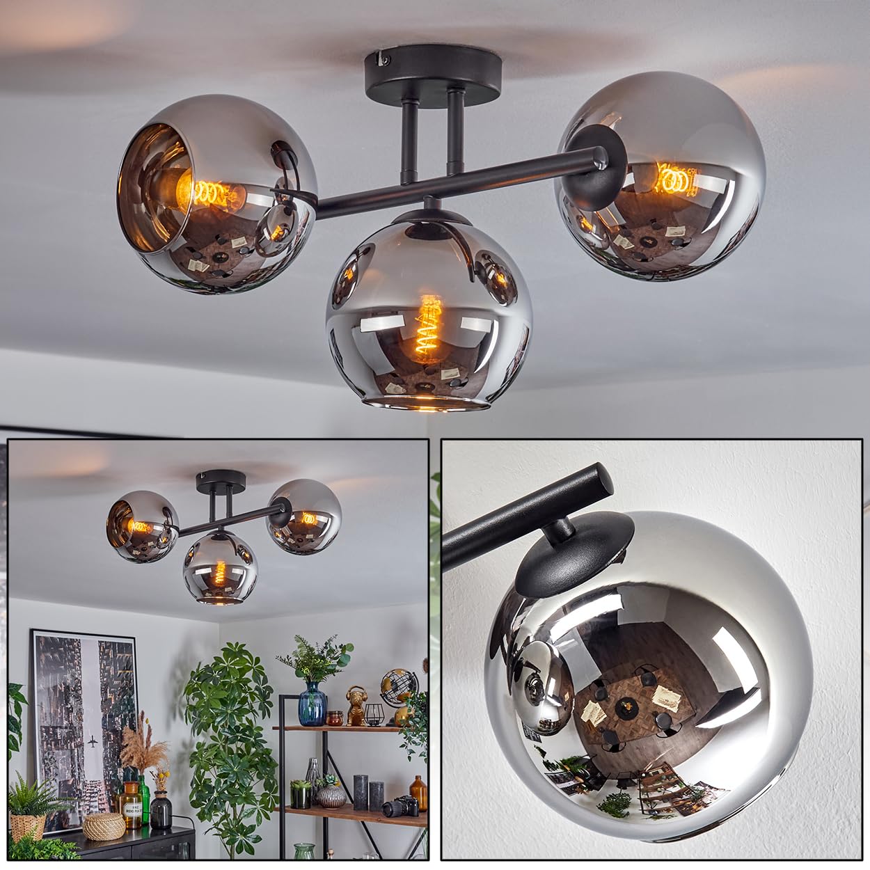 HOFSTEIN Deckenleuchte Koyoto, 3-flammige Deckenlampe aus Metall/Glas in Schwarz/Chrom-/Rauchfarben, Leuchte im Retro/Vintage-Design (Schirme Ø 15 cm), E14, Esszimmer, Wohnzimmer, Küche, Flur