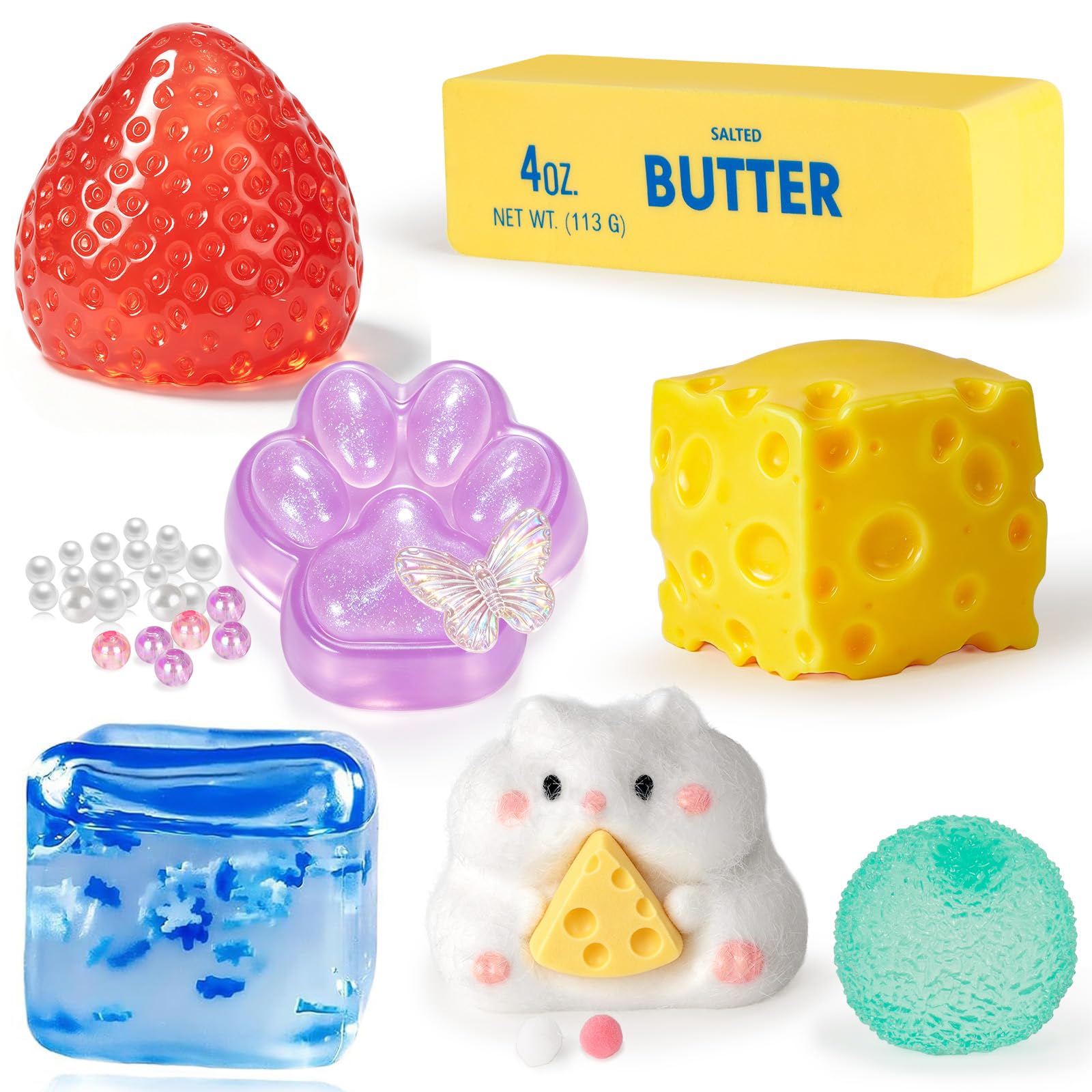 7 PCS Squishy Nice Cube Stress Ball Set Chesse Butter Stick Fidget Toys