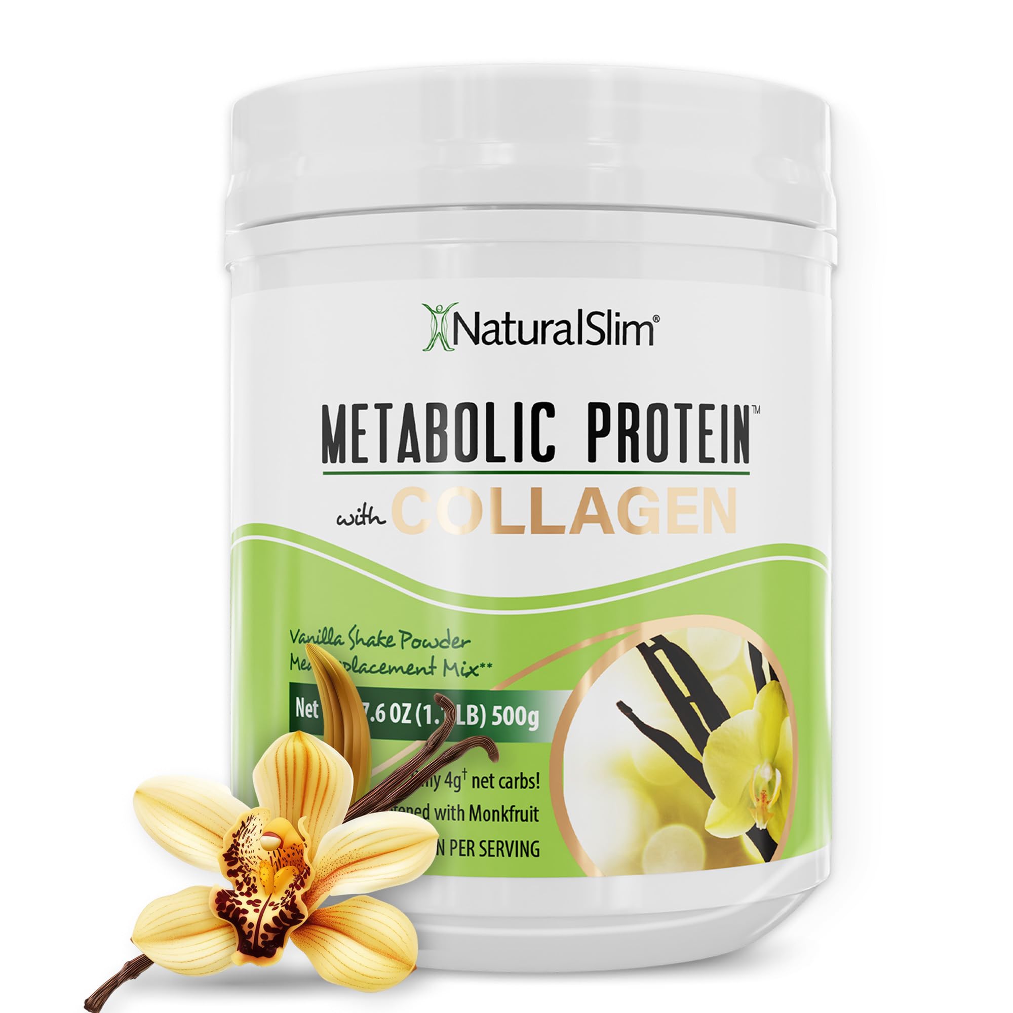 NaturalSlim Metabolic Protein Powder with Collagen Vanilla - Hydrolyzed Collagen Protein Powder for Hair, Skin, Bone, Joint, and Metabolism - Low Carb Meal Replacement Shake Mix - 17.6 oz