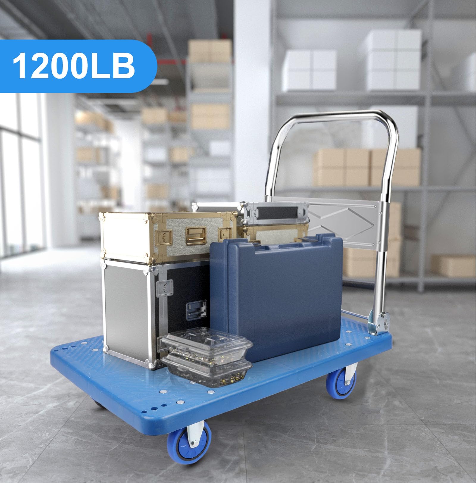 Carrello pieghevole in PP per carrello a mano, resistente, ideale per caricare ruote girevoli a 360 gradi, manico pieghevole (46 x 70 cm, blu)