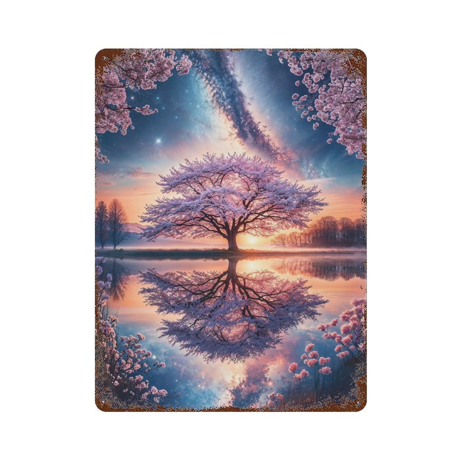 Starlit Sakura Sanctuary Rusty Metal Tin Sign 15.7"x11.8", Ideal for Patio, Garden Room And Bar Decor