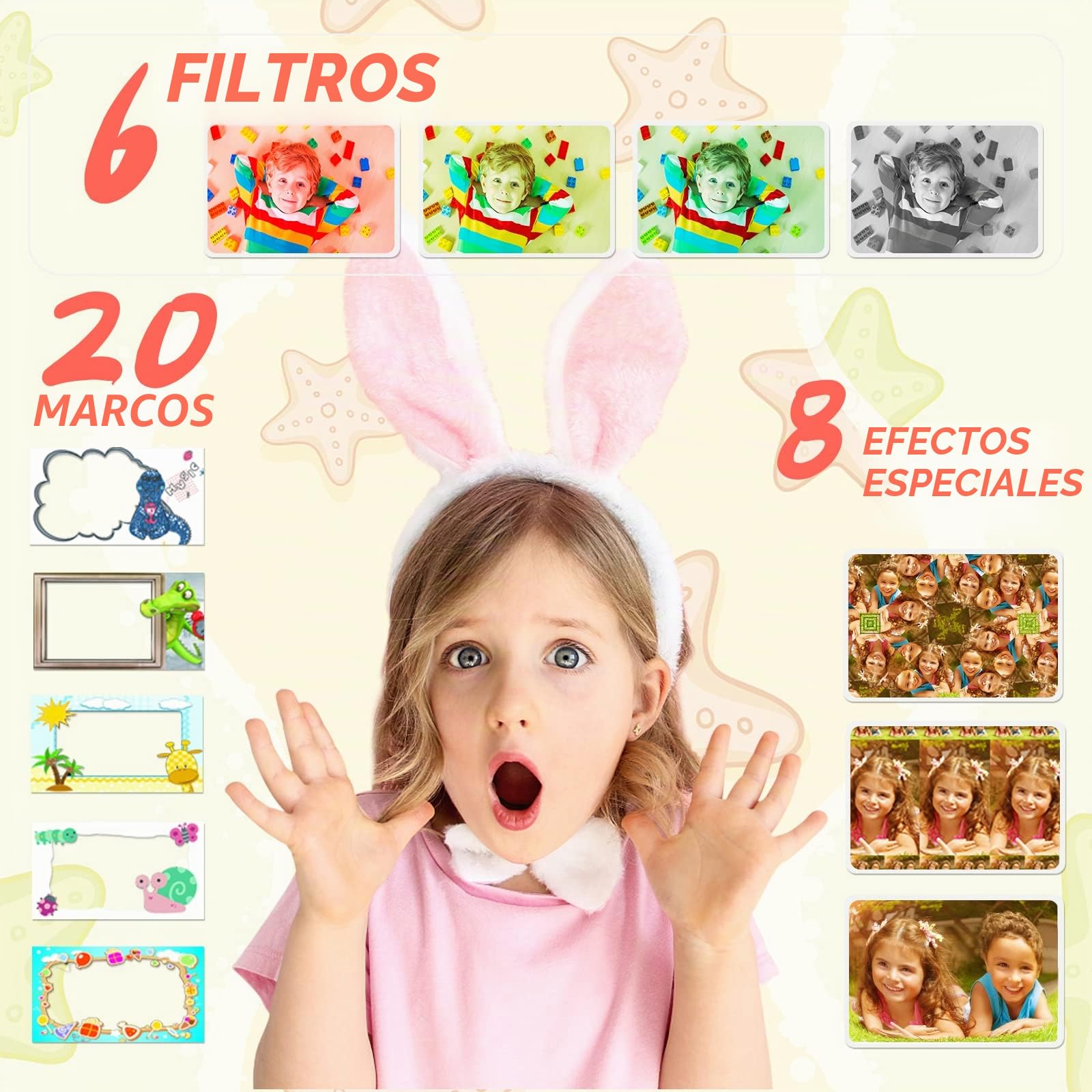Ushining - Cámara de fotos de impresión instantánea para niños, cámara digital con pantalla de 2,4 pulgadas, tarjeta TF de 32 GB, 3 rollos de papel de impresión, regalo para niñas niños de 3 a 12 años