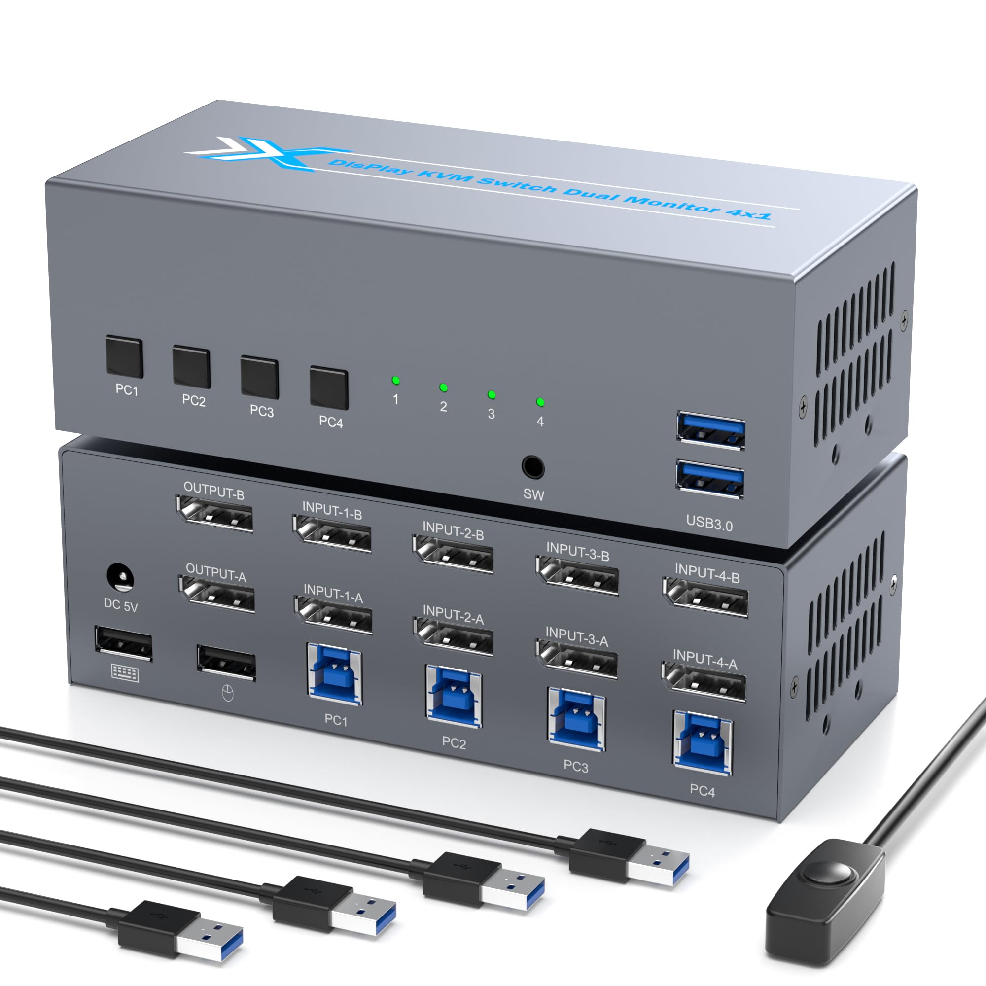 ALGOX 8K@60Hz USB3.0 DisplayPort KVM Switch 2 Monitors 4 Computers 4K@120Hz Dual Monitor KVM Switcher DisplayPort 1.4 KVM Switch Support Hotkey Switching with 1.5m Desktop Controller