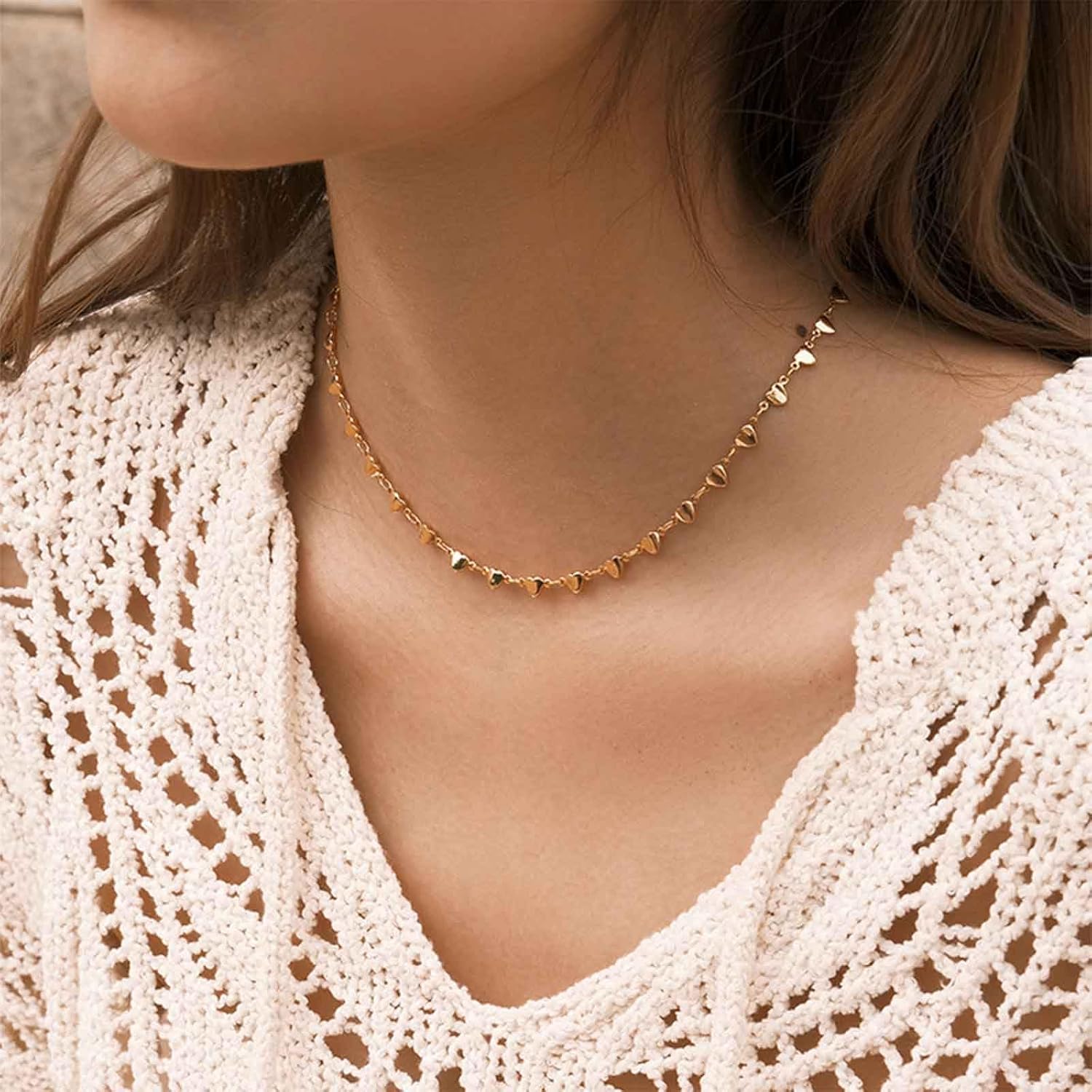 Boho Heart Chain Choker Necklace Heart Station Necklace Tiny Gold Heart Strand Necklace Love Heart Chain Necklace Jewelry for Women - Image 5
