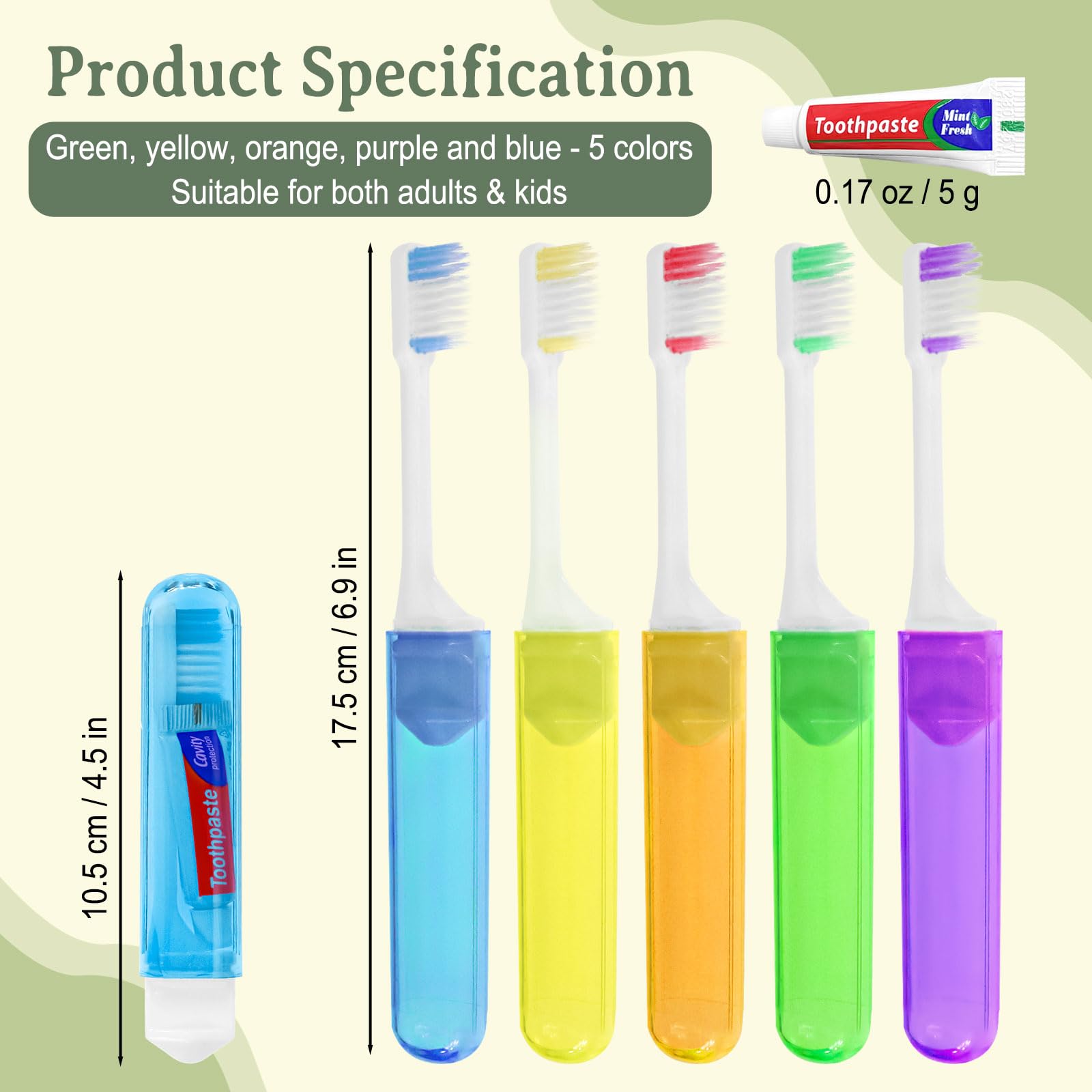 Cepillo de dientes de viaje, empaquetado individualmente, 5 colores, almacenamiento plegable, kit de cepillo de dientes de viaje adecuado para camping, hoteles (paquete de 100)