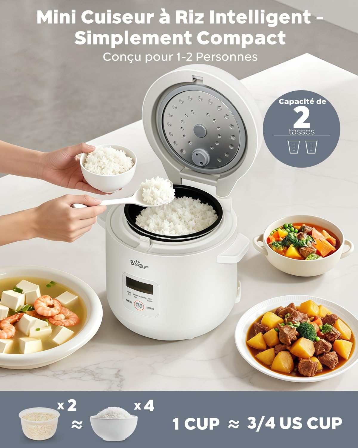Bear Cuiseur à riz 2 tasses non cuit, multifonction, 300 W, avec fonction de maintien au chaud, fonction préréglée, mini cuiseur électrique, blanc