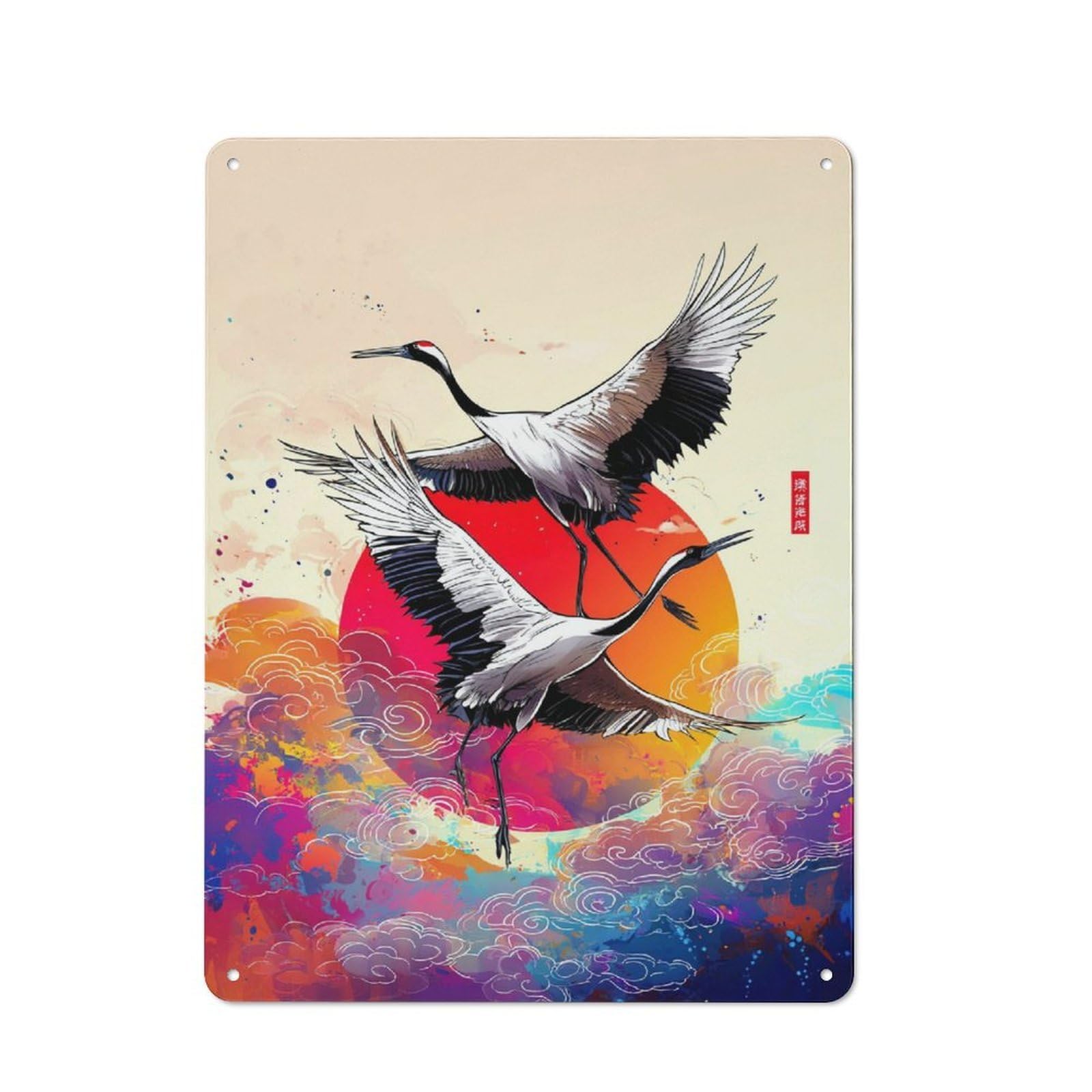 Junmoney Dancing Cranes Sunset Sky Rustic Metal Wall Decor 40X30cm, Decorative Tin Sign For Farmhouse Kitchen, Pantry Or Dining Area