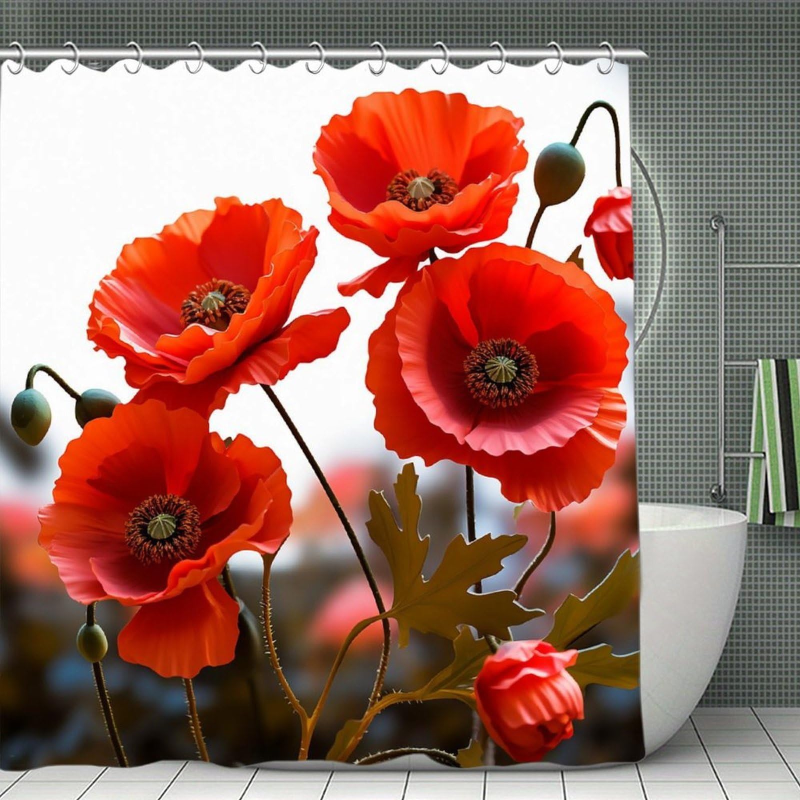 QMNLKH Poppy Flowers Vivid Petals Shower Curtain with Hooks, Waterproof Bath Curtains for Bathroom, Lightweight Bath Curtains Liner for Hotel, Personalized Bath Curtain for Spa, 70.8 Inch