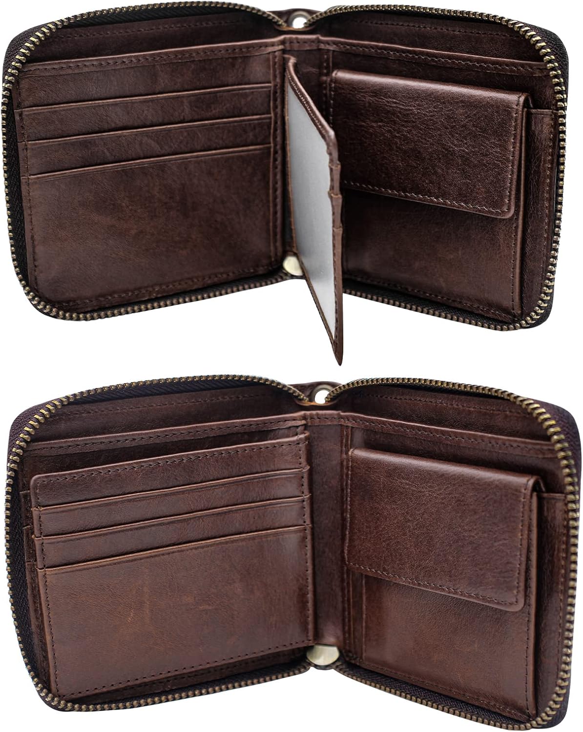 boshiho Real Leather RFID Blocking Bifold Wallets for Men Double Zipper Coin Pocket Purse with Anti-Theft Chain - Image 5