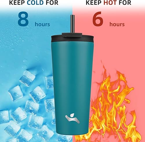 Miniatura 3 de Vaso aislado de 22 onzas con tapa y 2 pajillas, botella de agua de acero inoxidable, taza de viaje al vacío, taza de café, azul