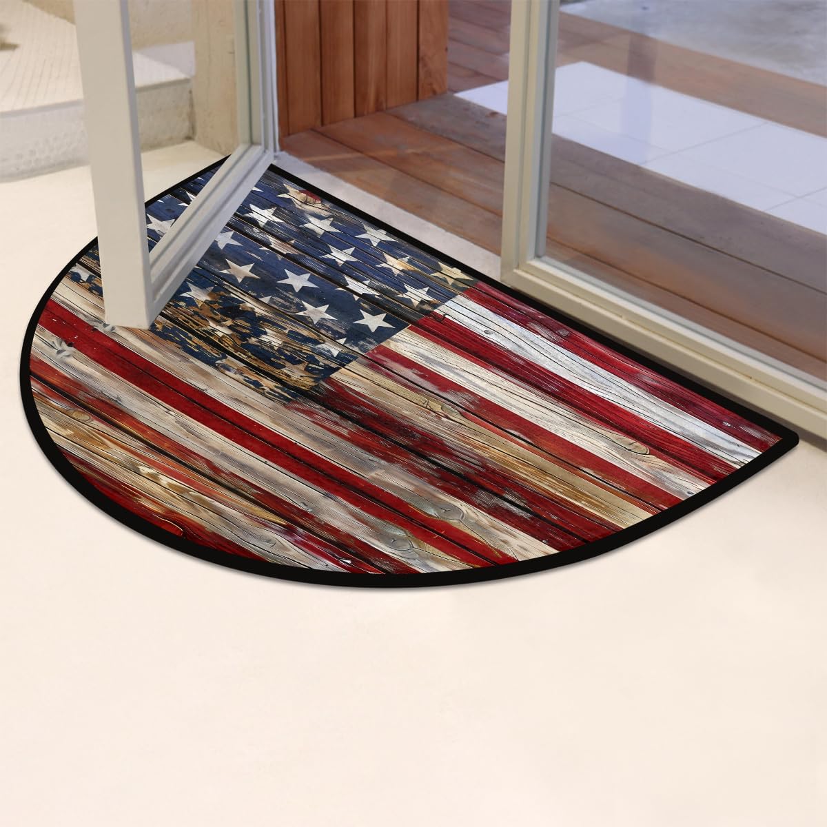 Old Wooden American Flag Half Round Door Mat Indoor Entrance Low Pile Non Slip Absorbent Semi Circle Welcome Mats Doormats 36x24 in Floor Mats for Home Kitchen