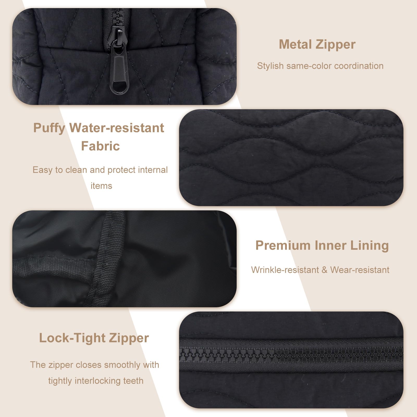 Cosmetic Bag with Zipper Puffy Padded Makeup Organizer for Handbag Travel Small Pouch Purse for Women Girls Waterproof Portable Black - Image 3