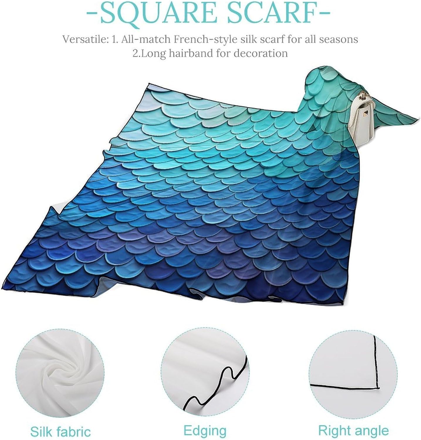 Blue Mermaid Fish Scale Hair Scarf for Women, Lightweight Square Head Shawls for Men, Fashion Neckerchief for Travel, Hair Bandanas, Silk Satin Neck Scarf for Sleeping, 27 Inches