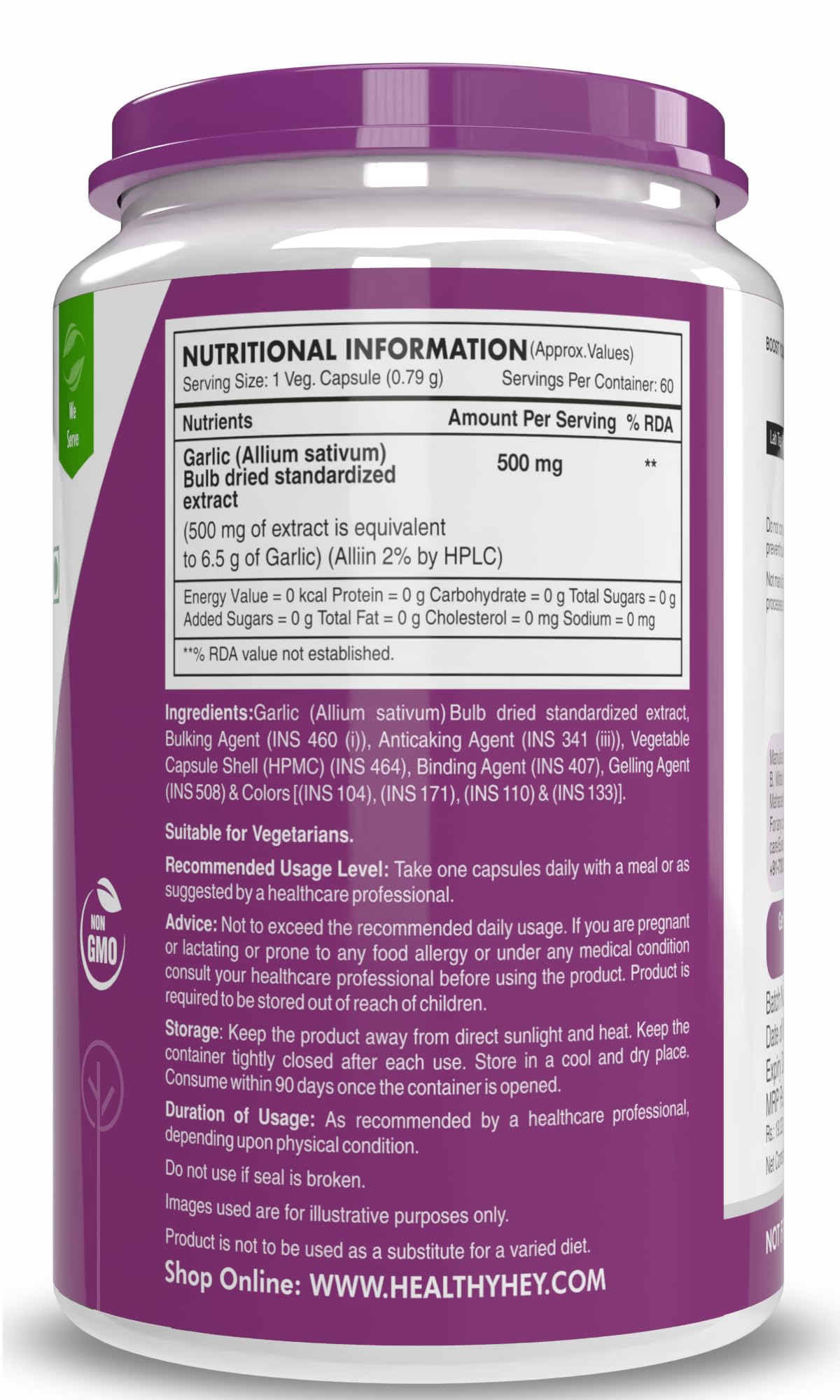 HealtyHey Nutrition Odorless Garlic Extract (1:13) Allium Sativum - 2% Allicin -(60 Veg Capsules)