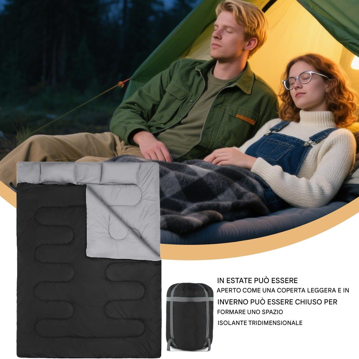 Sacco a pelo matrimoniale per 2 persone – Sacco coperta doppio extra largo | ideale per campeggio, escursionismo, viaggi, attività outdoor e sport – Design avvolgente e caldo per notti fredde in,