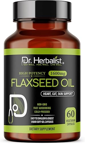 Dr Herbalist Aceite de linaza 1600 mg - 60 cápsulas Sin OMG Absorción de ayuno Vegetariano Prensado en frío Alta potencia