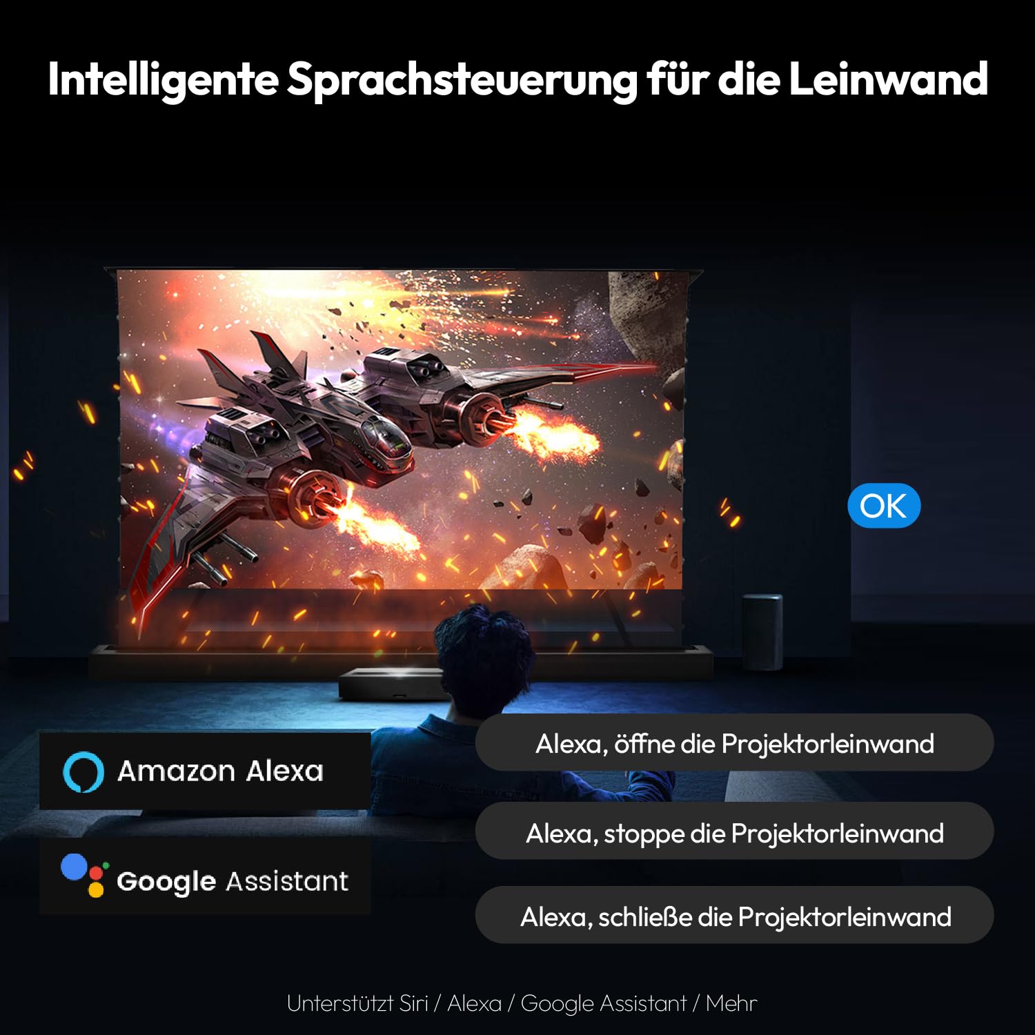 ALR CLR Beamer Leinwand für UST Ultrakurzdistanz-Projektor, motorisiert & elektrisch bodenstehend, 95% Umgebungslicht abweisend, 4K/8K UHD Laser-TV-Leinwand, 100 Zoll, Keine Montage