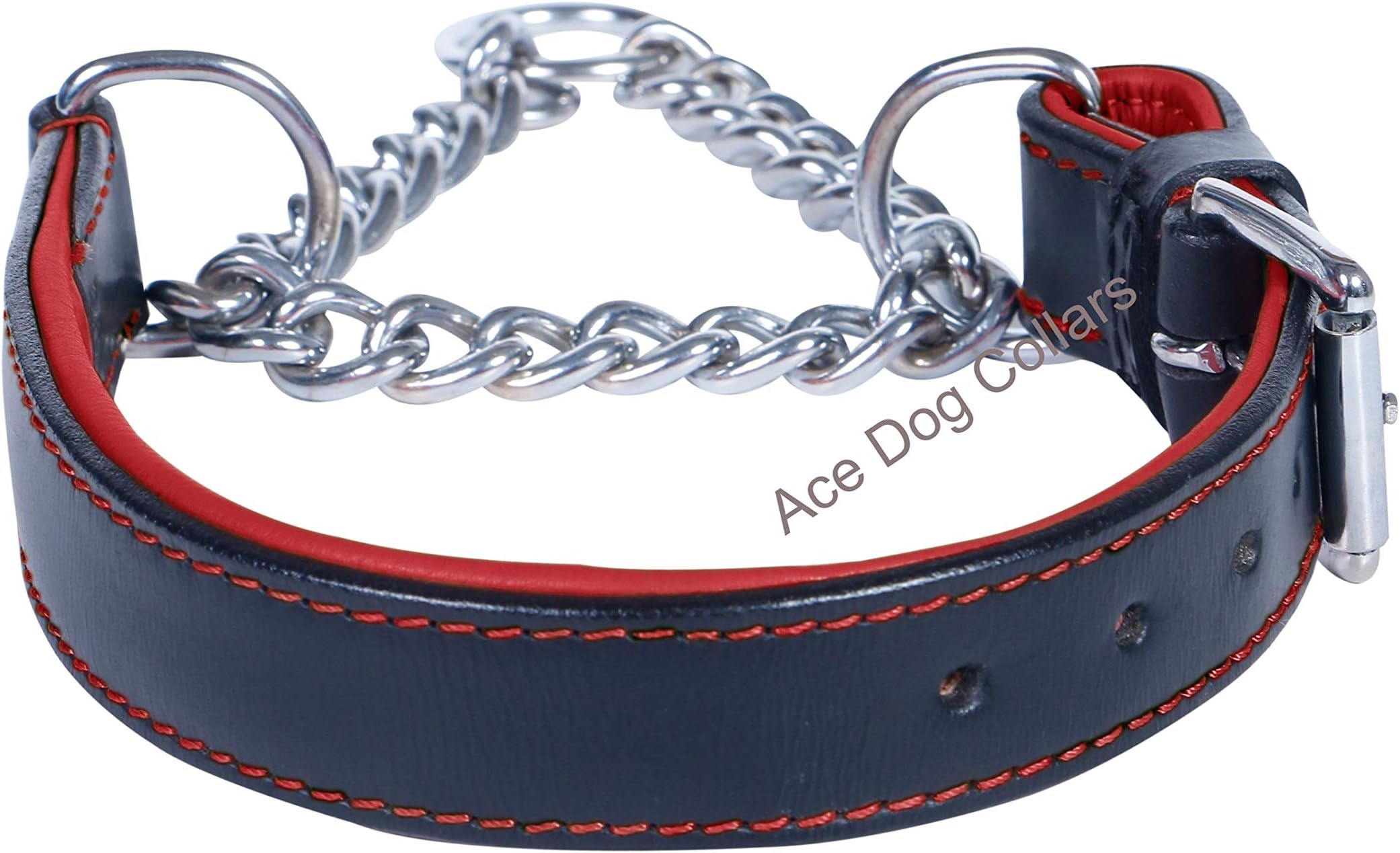 Ace Martingale Adjustable Comfy PADDED Half check/Martingale Genuine Leather Dog Collar ::SOLID STAINLESS CHAIN:: (fits up to 18" including chain (2/3" wide), Black with red lining)