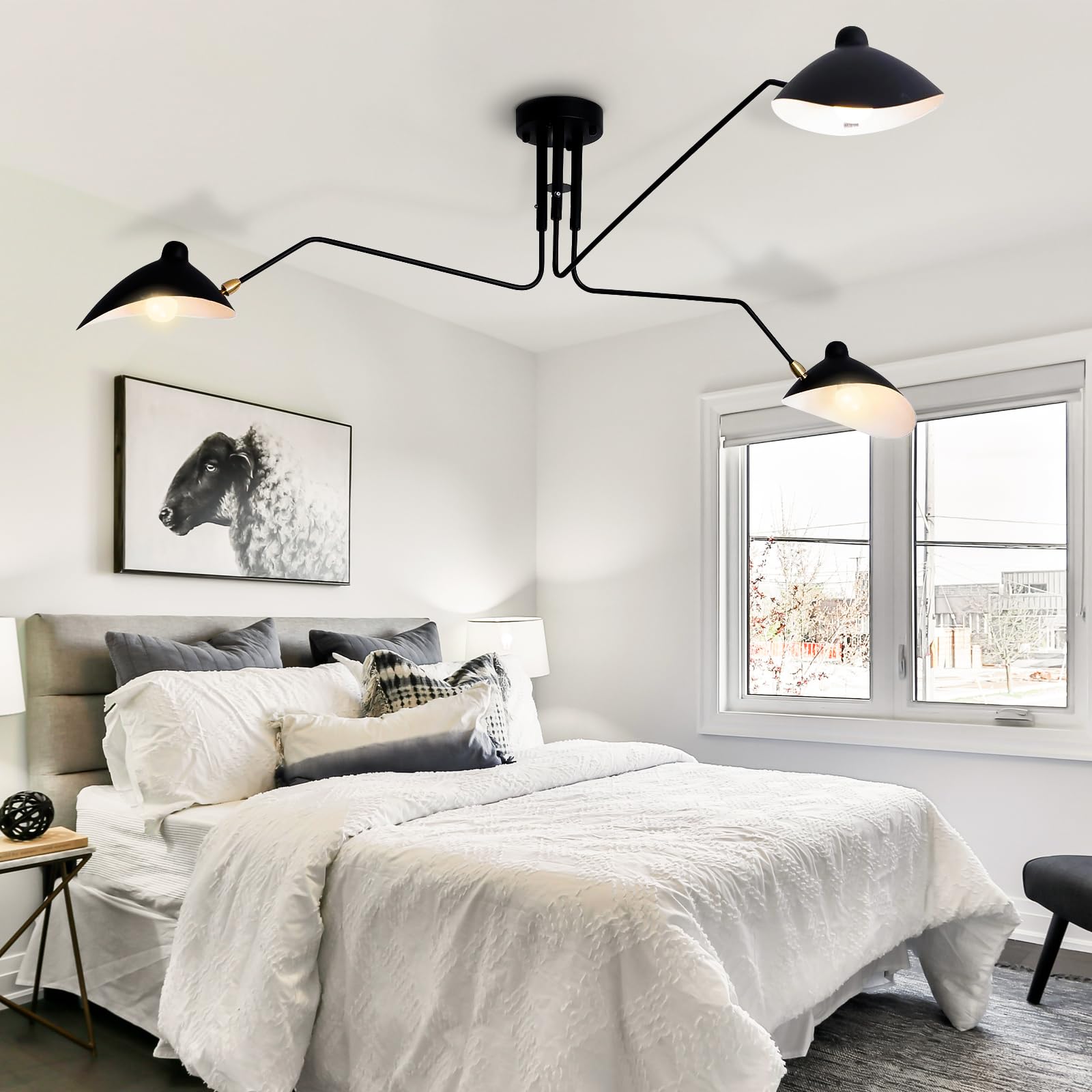 LEDBEL 200cm Mid-Century 3 Arm Chandelier, 360°Adjustable Lampshade Duckbill Pendant Lights, Lagre Black Pendant Hanging Chandeliers Lighting for Living Room Study Office