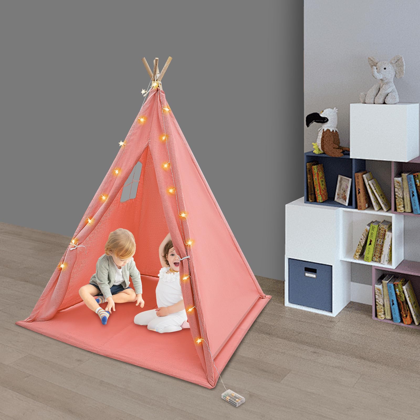Tenda per bambini, tenda con luce, tenda da gioco per interni ed esterni, con imbottita, pieghevole, con catena luminosa, traspirante, in cotone e canapa (rosso)