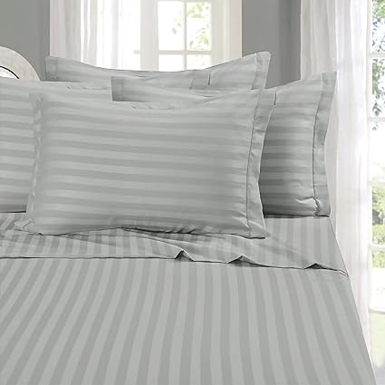 Elegant Comfort Softest and Coziest 6-Piece Sheet Set - 1500 Premium Hotel Quality Microfiber - Deep Pocket, Wrinkle Resistant 6-Piece Damask Stripe Bed Sheet Set, Full, Silver