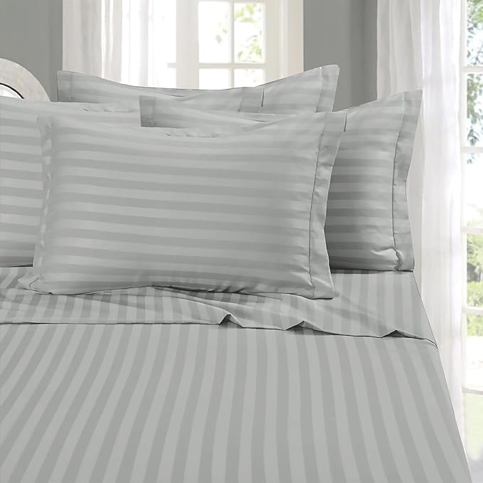 Elegant Comfort Softest and Coziest 6-Piece Sheet Set - 1500 Premium Hotel Quality Microfiber - Deep Pocket, Wrinkle Resistant 6-Piece Damask Stripe Bed Sheet Set, Full, Silver