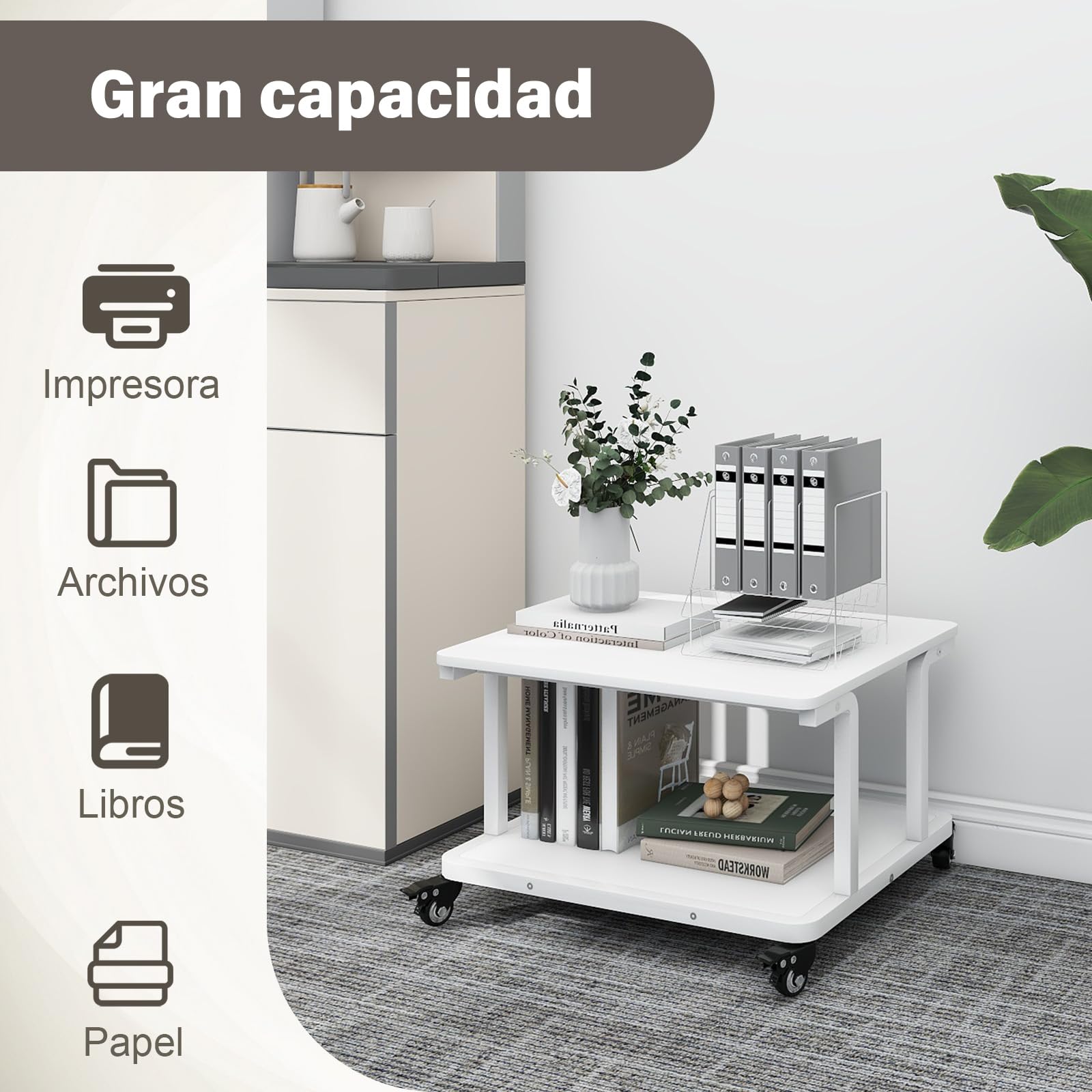 PUNCIA Carro Impresora de 2 Niveles 60 x 50 cm para Oficina Hogar Escuela | mesa soporte impresora blanco carro organizador documentos mueble con estantes para archivos y equipos de oficina