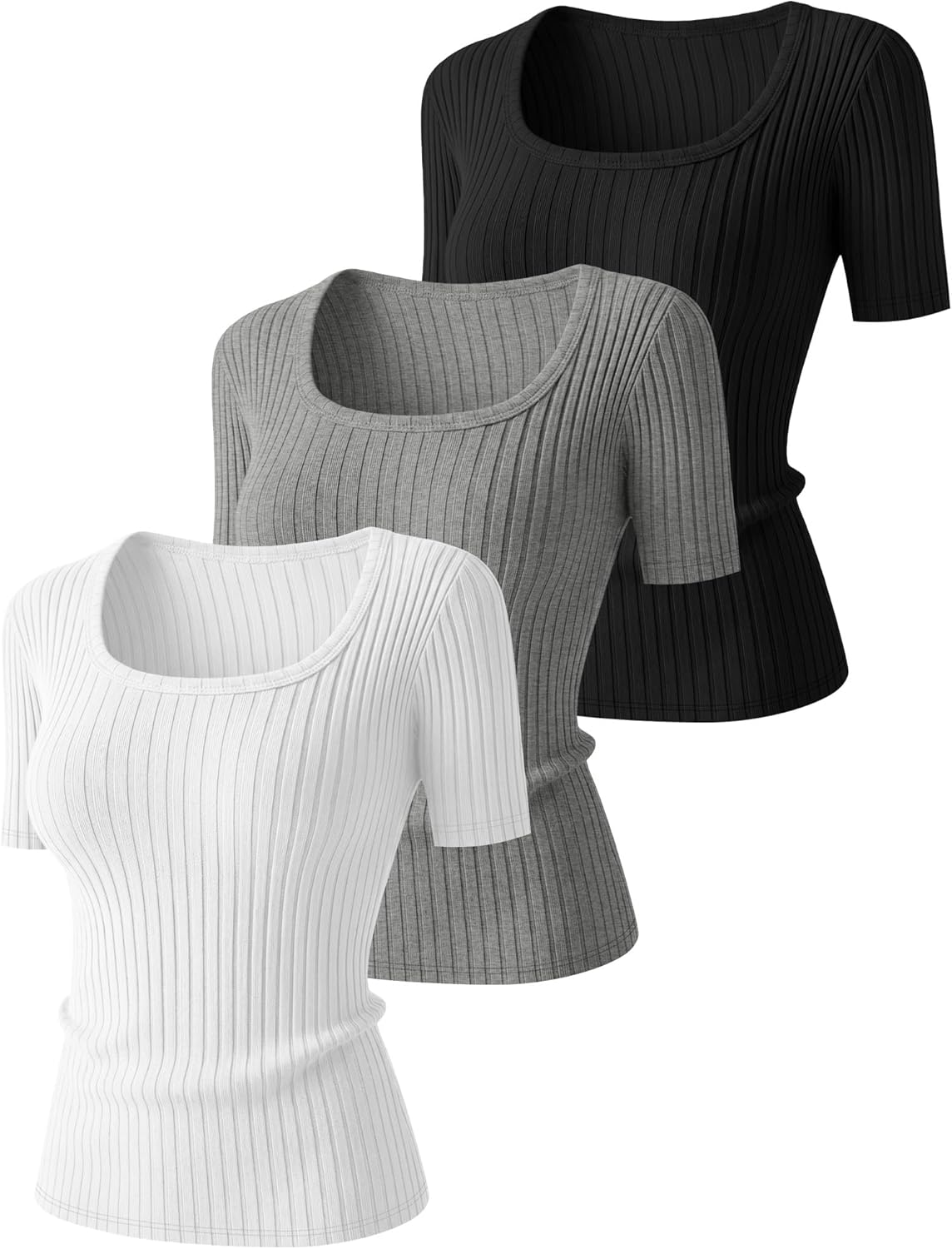3 Pack Women's Short Sleeve Square Neck Cotton Tops Ribbed Knit Sweaters Slim Fit Basic Casual Shirts - Image 3