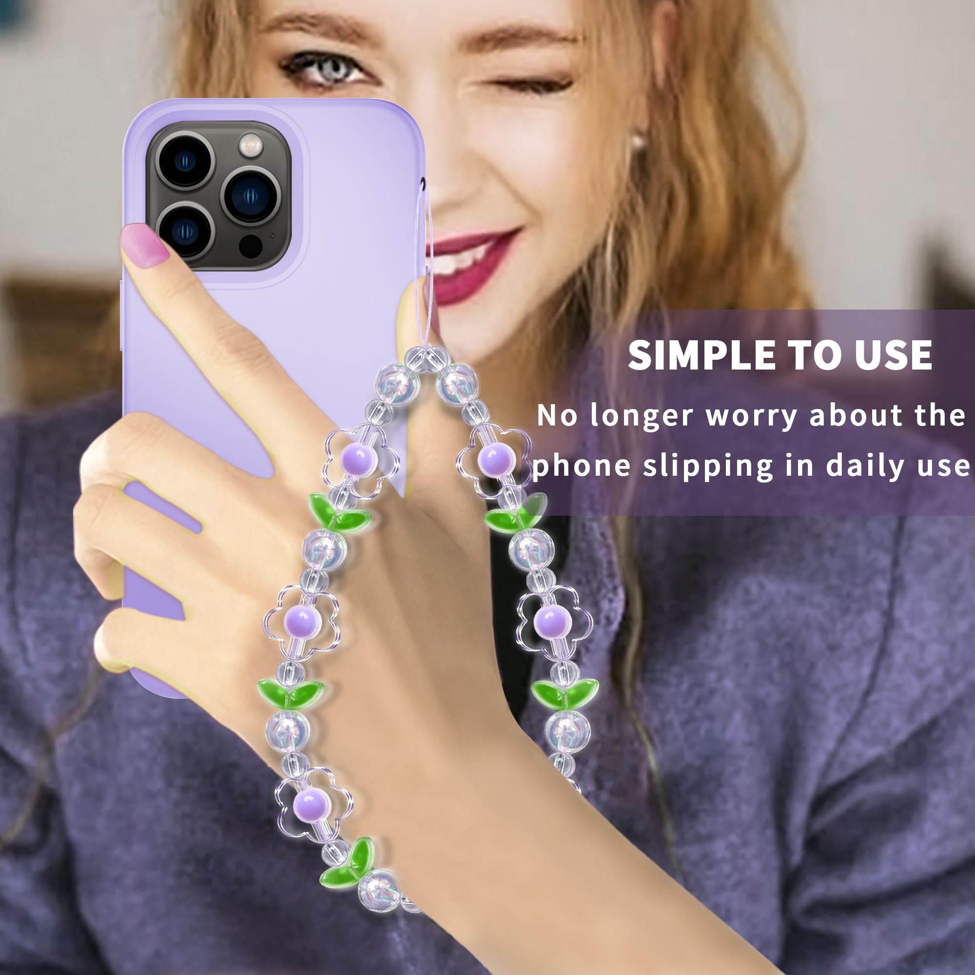 TACOMEGE Flower Phone Lanyard Wrist Strap for Women Girls, Clear Beaded Flower Cell Phone Charm for iPhone (Purple)