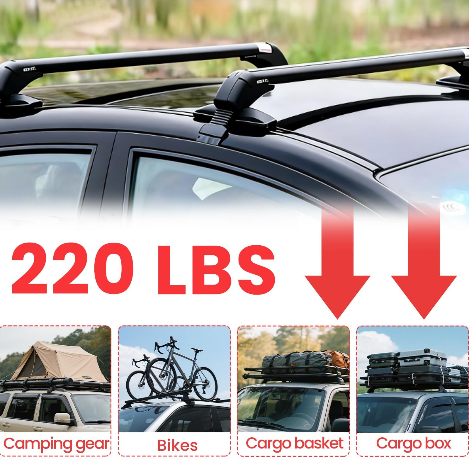 45" Universal Aluminum Roof Rack Cross Bars with Anti-Theft Lock – Fits Vehicles Without Roof Rails – Ideal for Rooftop Cargo Carrier, Kayak, Canoe, Snowboards & More — view 3