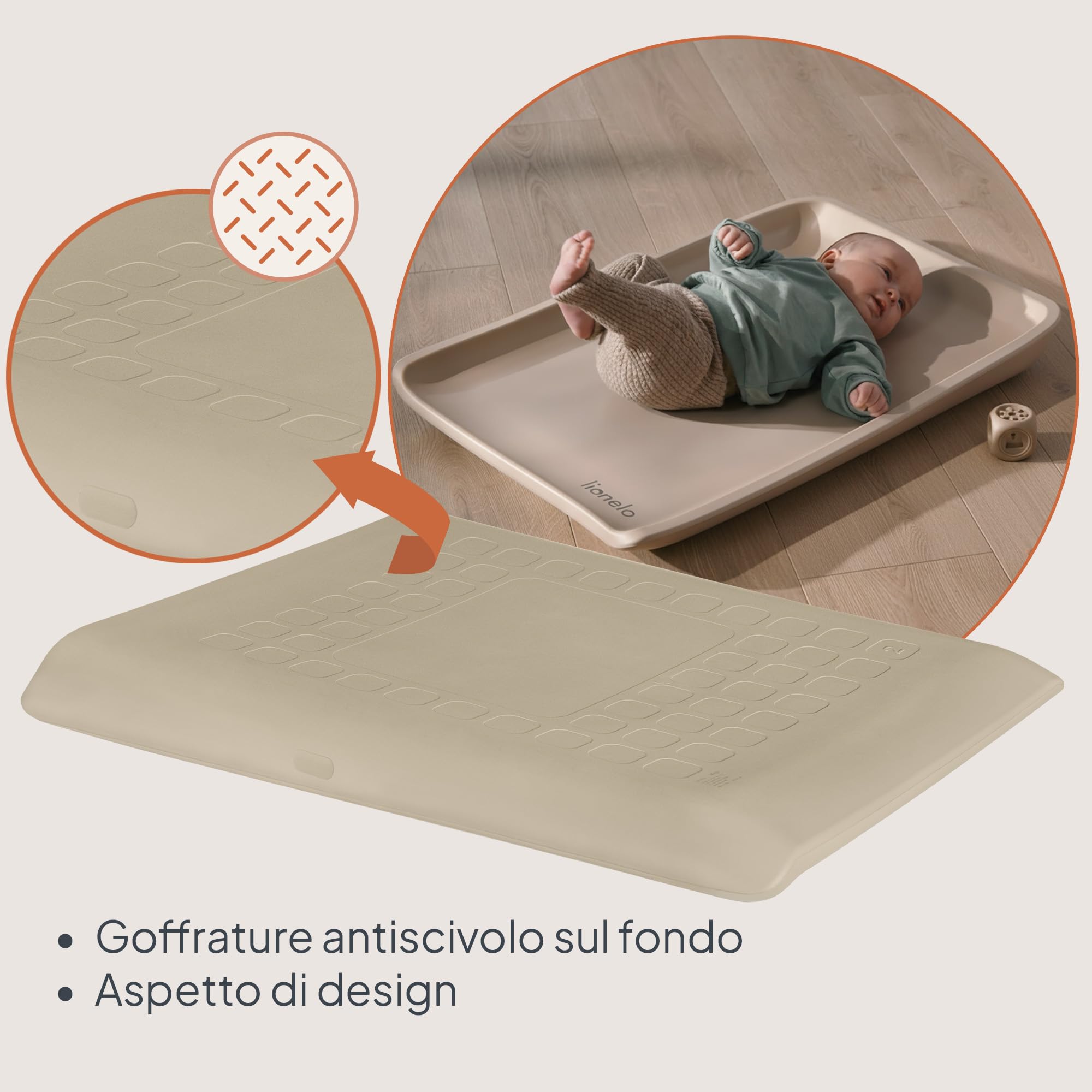 LIONELO Fasciatoio Neonato MEGS 50×70 cm Materassino Fasciatoio in Schiuma PU, Morbido Caldo al Tatto, Impermeabile, Antiscivolo, con Bordi Rialzati per Comfort e Sicurezza, Portatile (Beige)