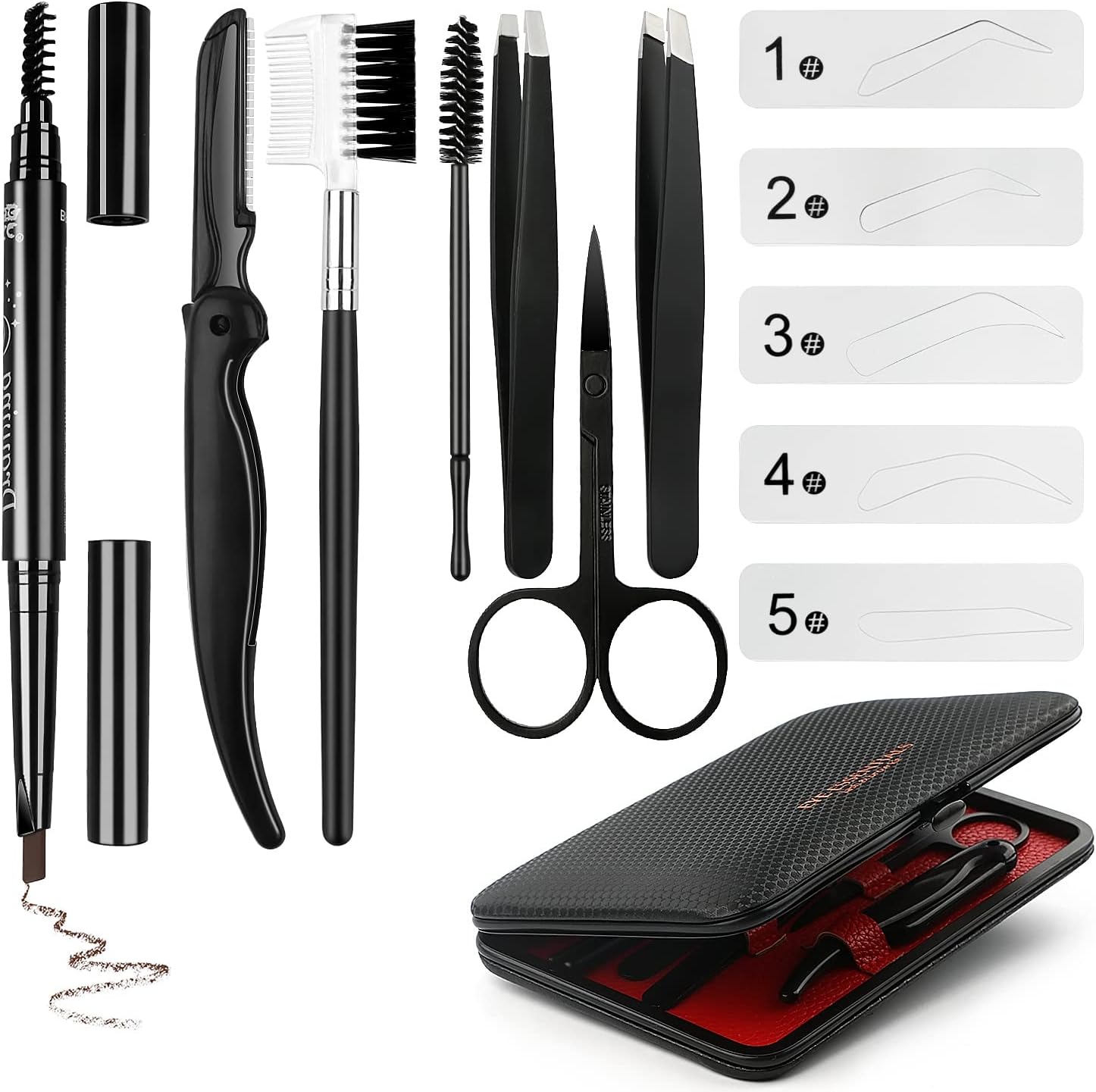 Eyebrow Grooming Suit Kits - 13 PCS Stainless Steel Eyebrow Scissors Utility Tools, Professional Eye Brow Groom Set with Mirror, Eyebrow Tweezers, Shaping Razor, Pen, Brush, DIY Shape Card (BLACK)