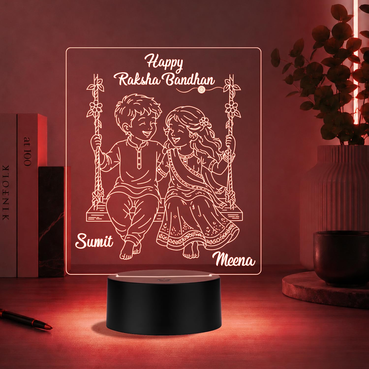 Personalized Happy Raksha Bandhan LED Lamp | Special Rakhi Return Gift for Sister, Bhaiya & Bhabhi | Bedside Table Desktop Decor Light | Multicolored, Black Base-image-7