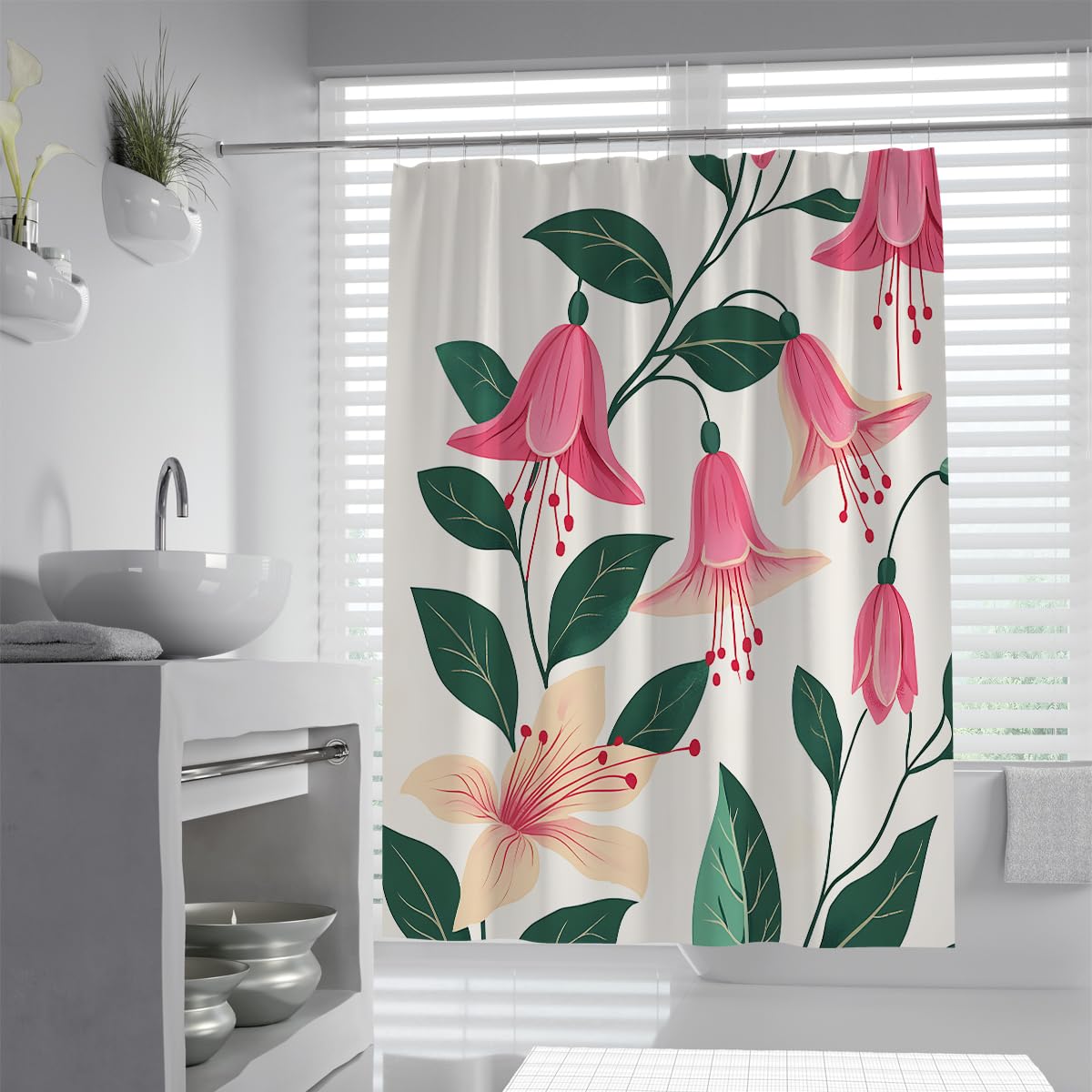 UIRINGART Pink Bell Flower Shower Curtain W180xL220cm Modern Hanging Floral Print Water Repellent Mildew Proof Quick Dry Machine Washable Bathroom Decor with Hooks