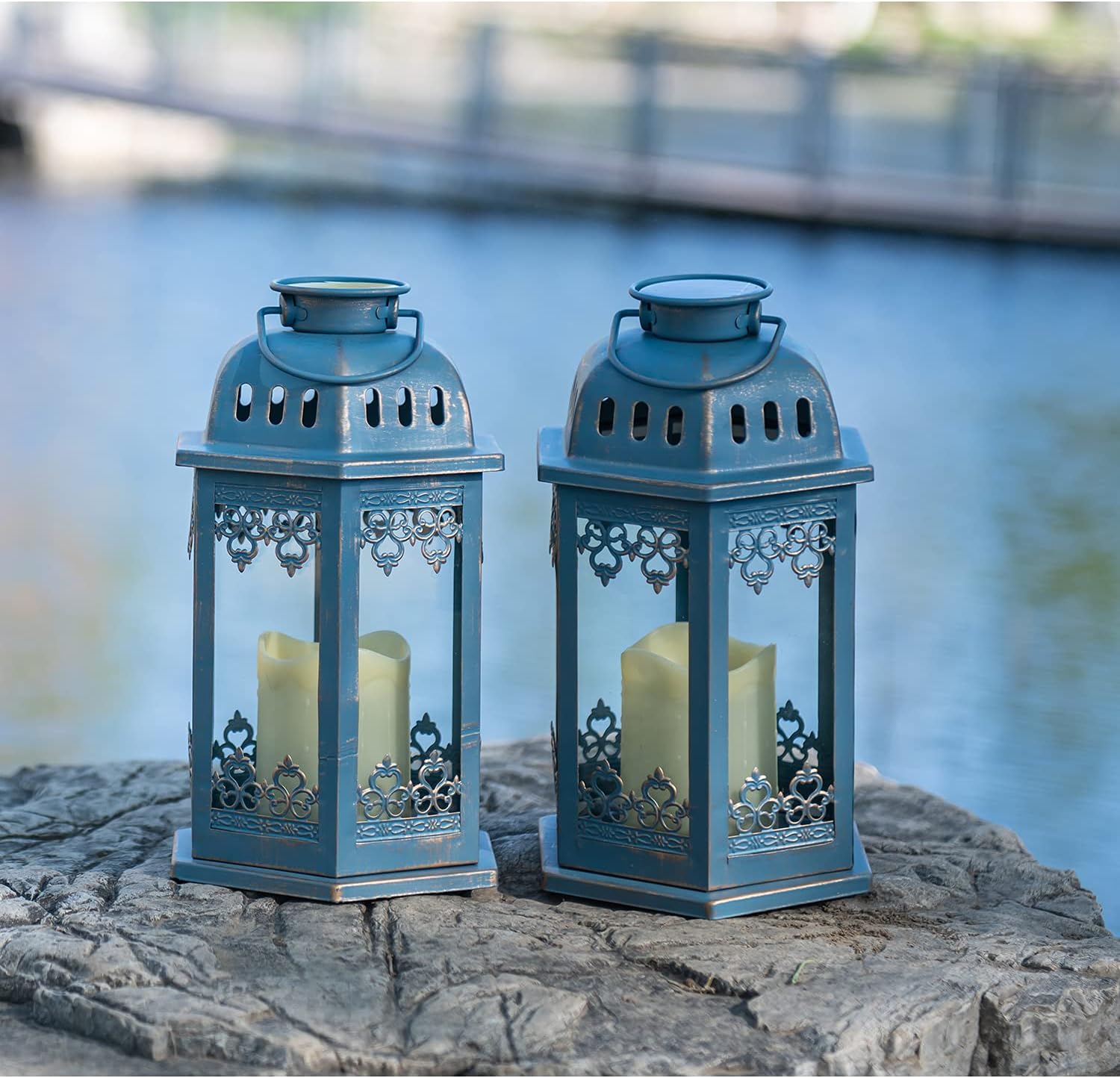 SteadyDoggie Solar Lanterns 2 Pack Blue - Hanging Solar Lights with Flickering Candle LED - Retro Ornate Hanging Lantern with Handle