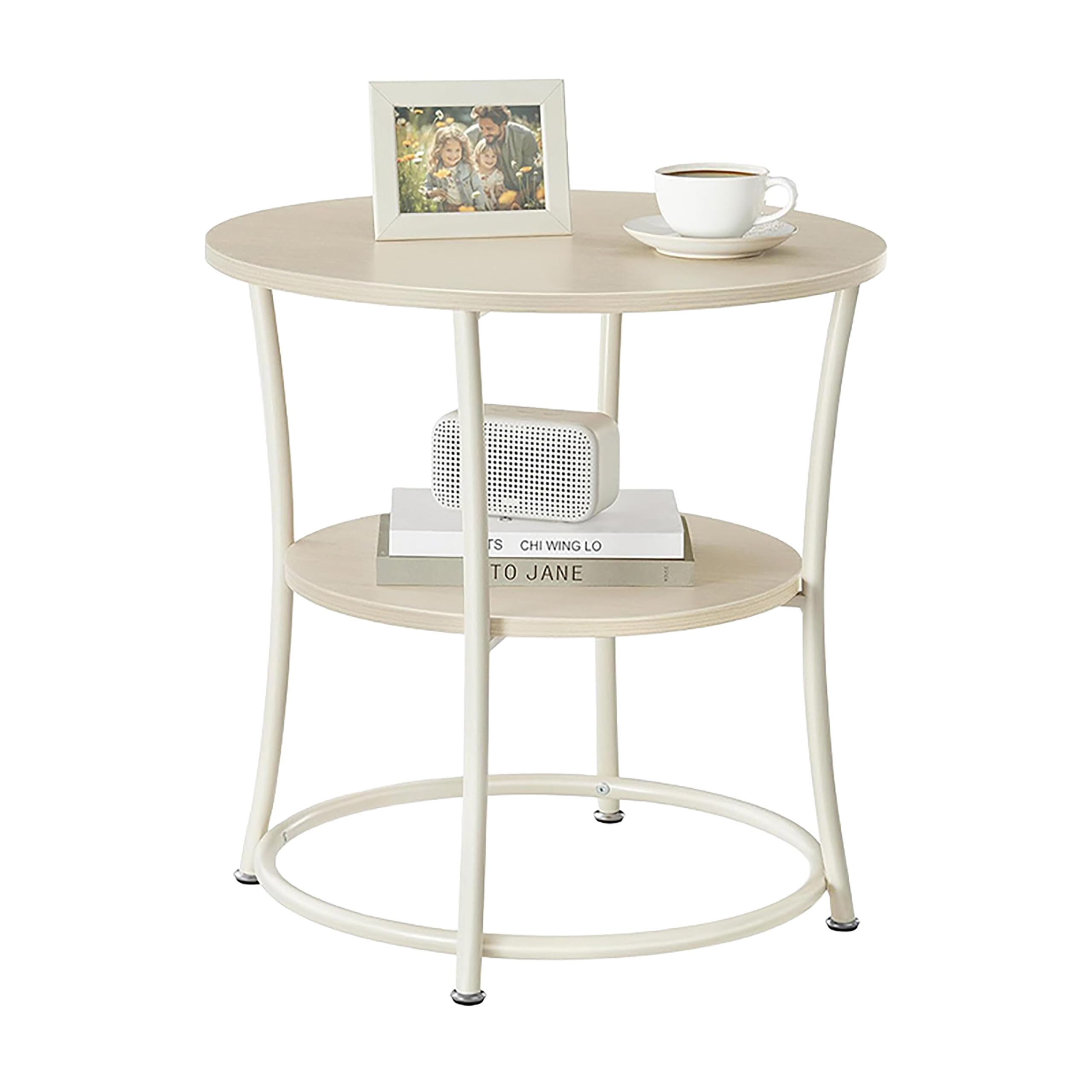 Relaxdays Round Side Table, 2 Tiers, Wood-Effect & Metal, HxD: 55 x 55 cm, Natural/Cream